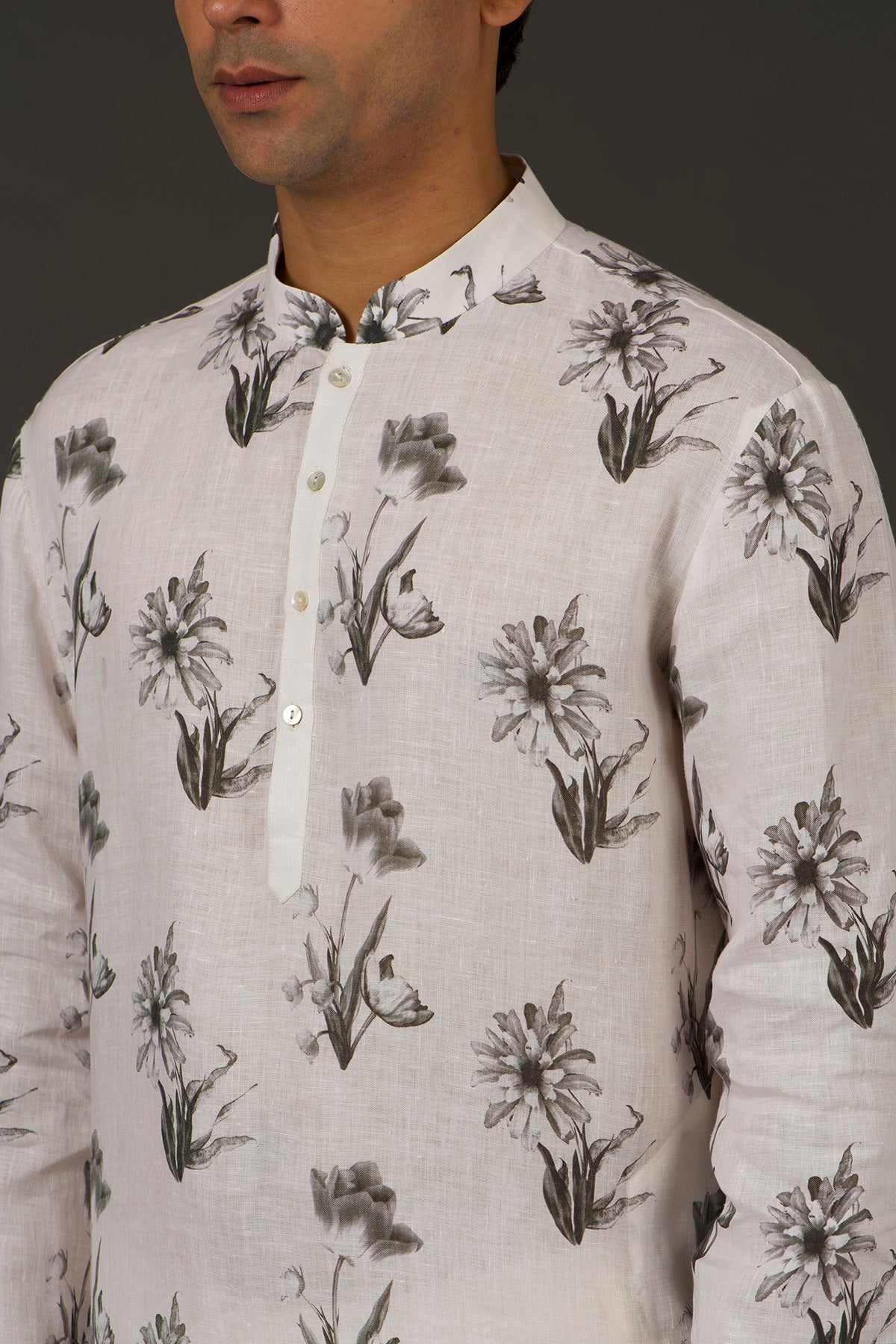 Ivory Linen Printed Kurta With Cotton Churidar