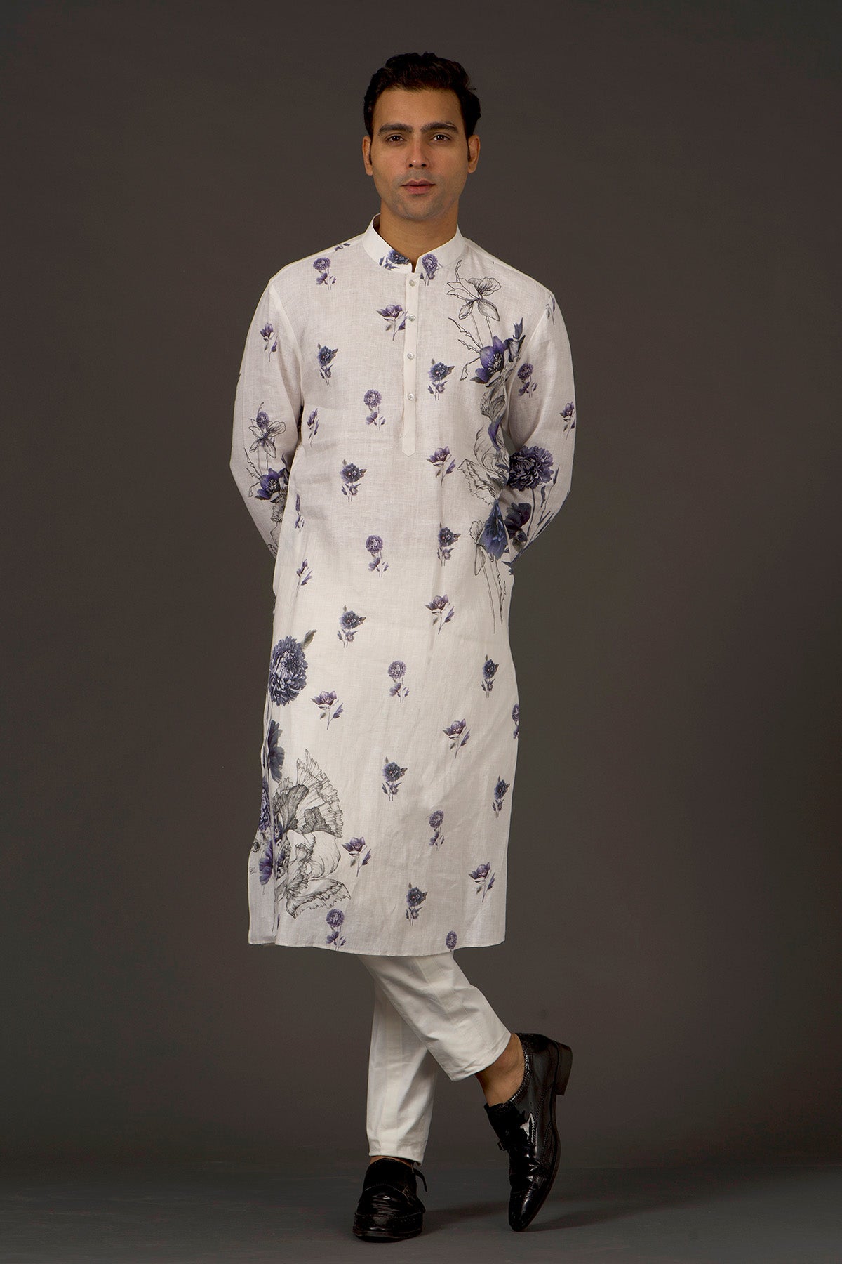 Ivory Linen Printed Kurta With Cotton Churidar