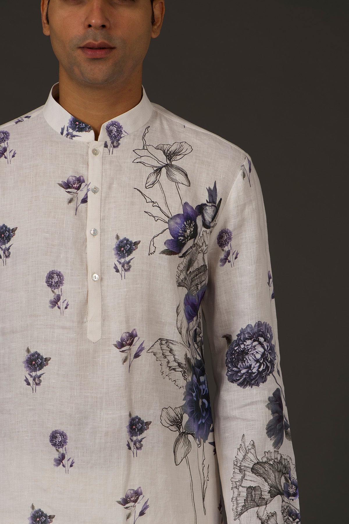 Ivory Linen Printed Kurta With Cotton Churidar
