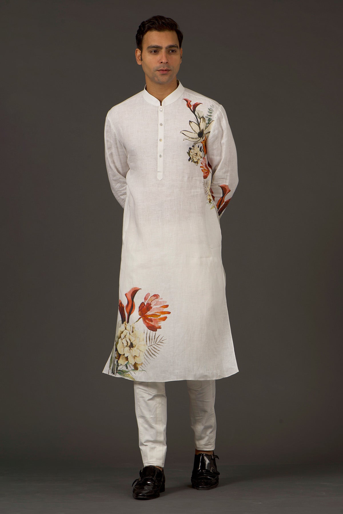Ivory Linen Printed Kurta With Cotton Churidar