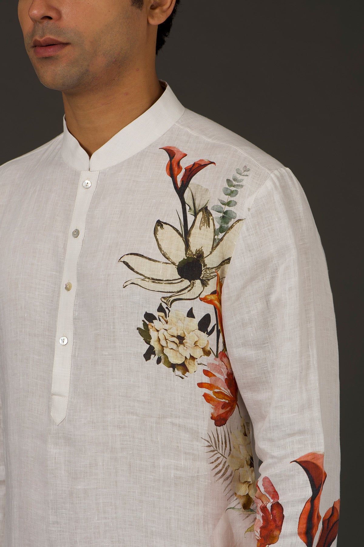 Ivory Linen Printed Kurta With Cotton Churidar
