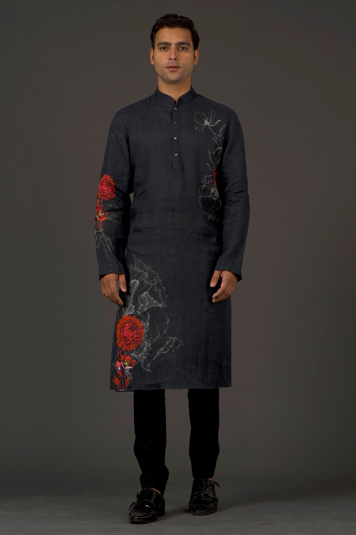 Black Linen Printed Kurta With Cotton Churidar