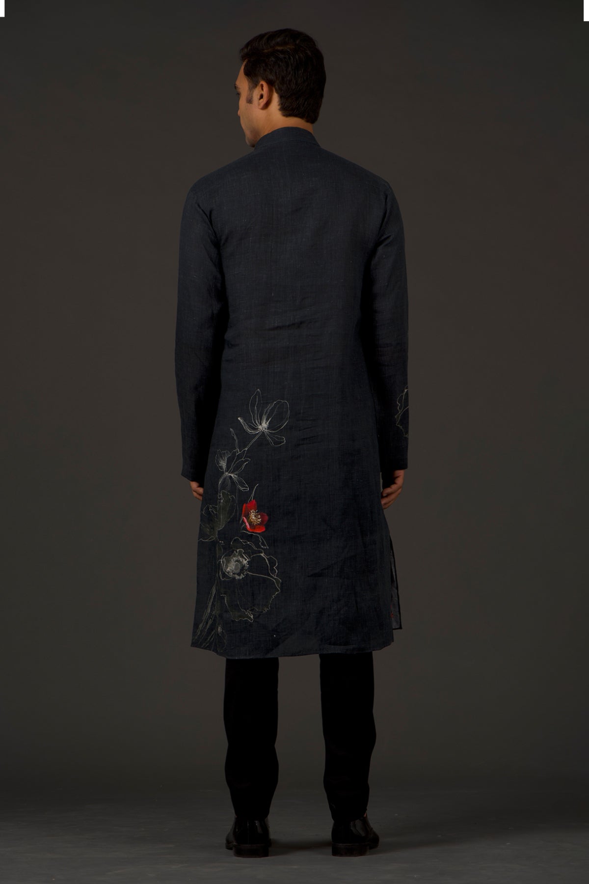 Black Linen Printed Kurta With Cotton Churidar