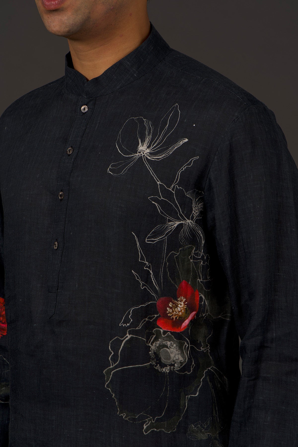 Black Linen Printed Kurta With Cotton Churidar