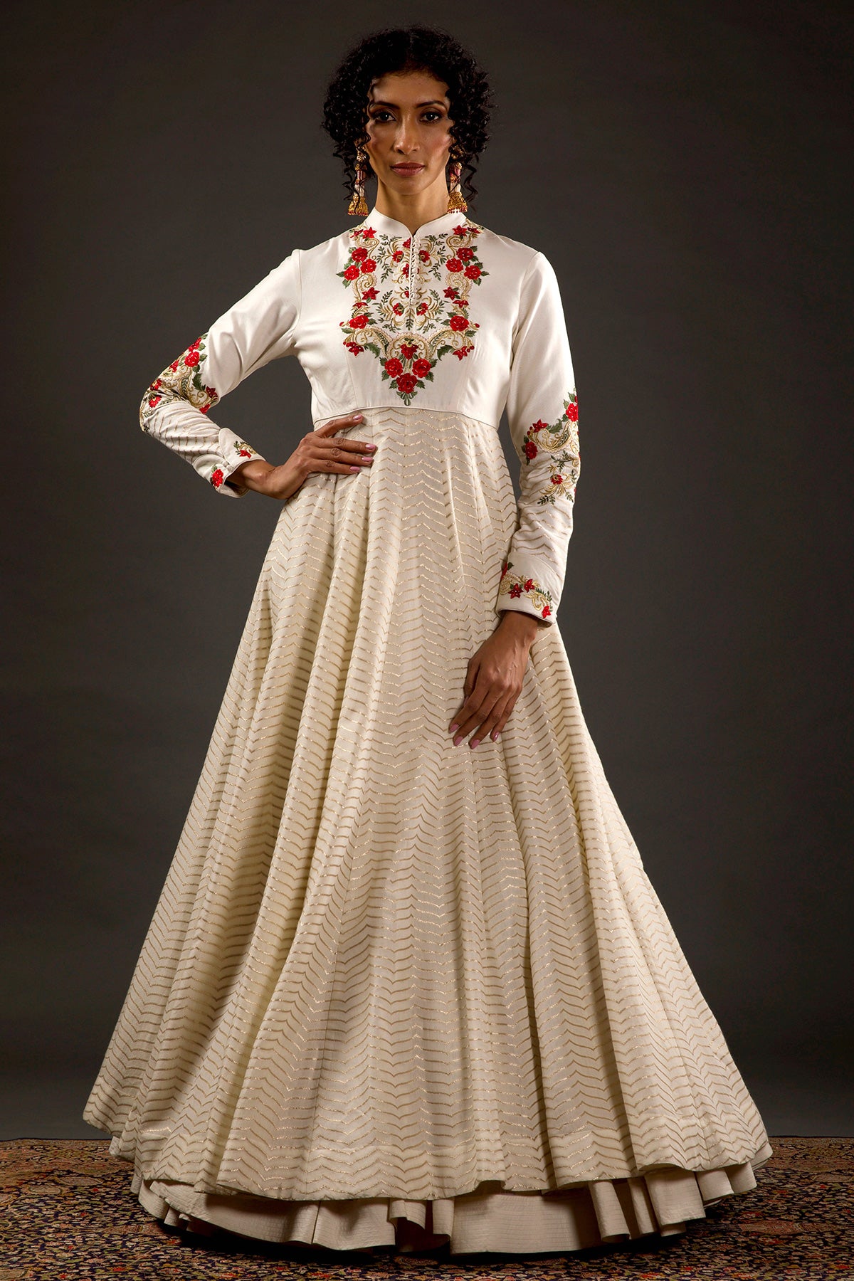 Ivory Anarkali Set with Floral Embroidery