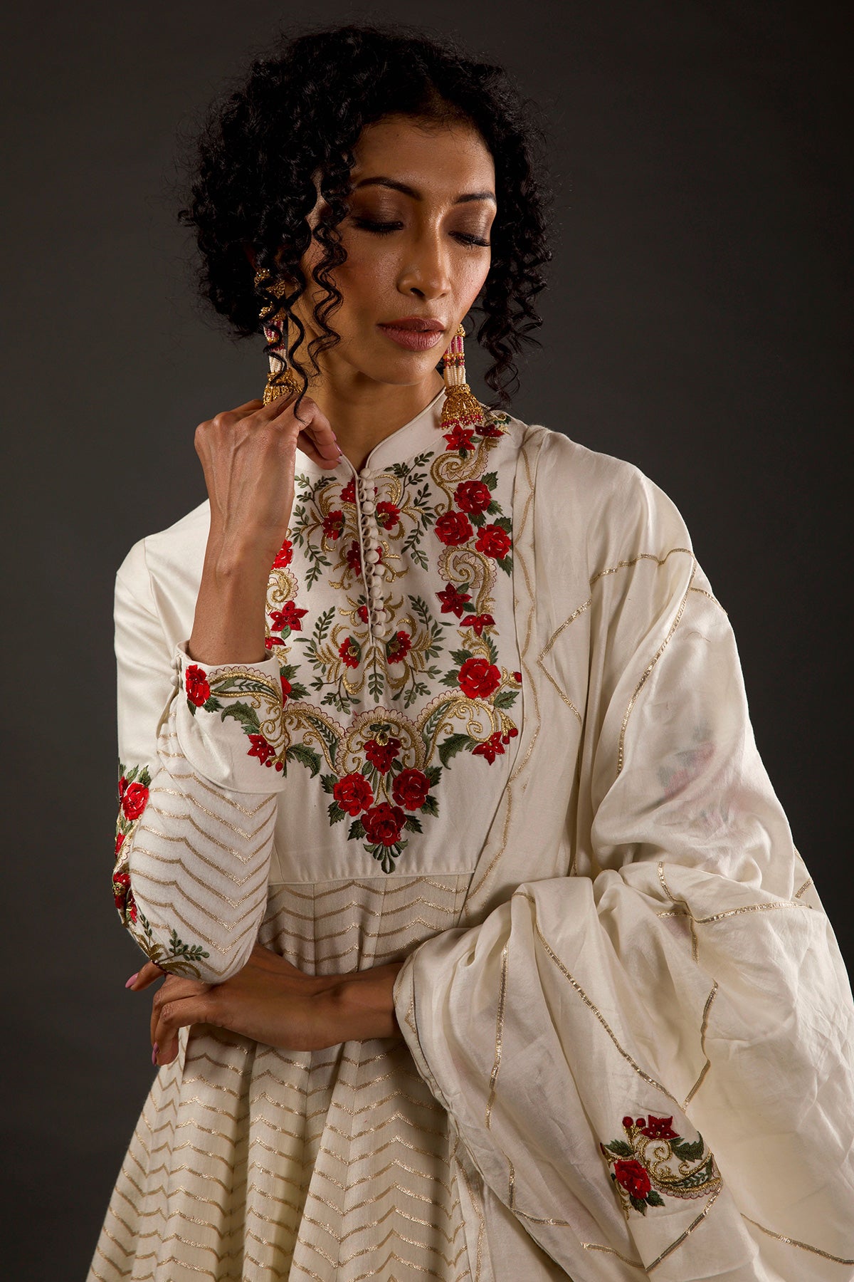 Ivory Anarkali Set with Floral Embroidery