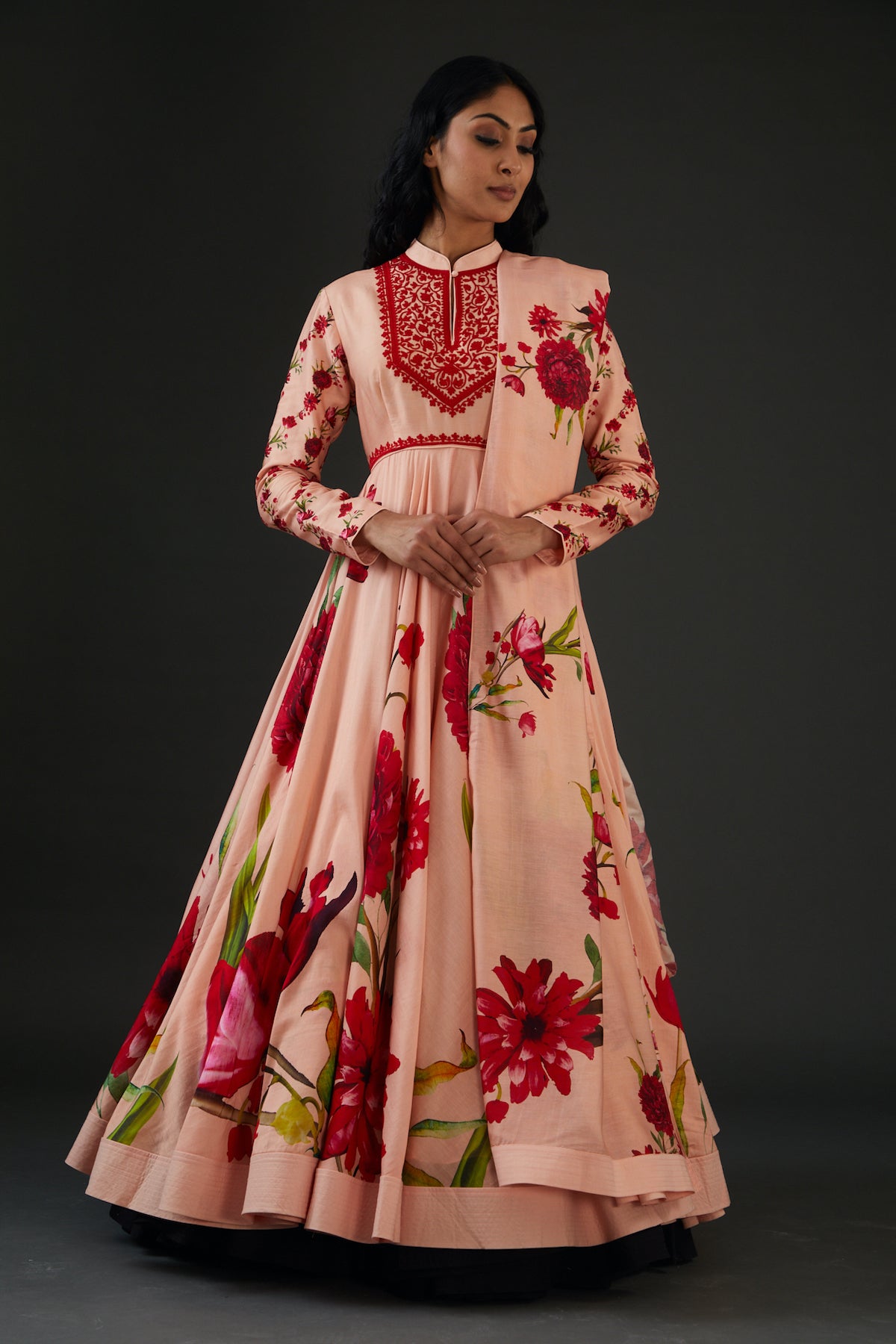 Chanderi Silk Printed Anarkali Set With Neck Embroidery