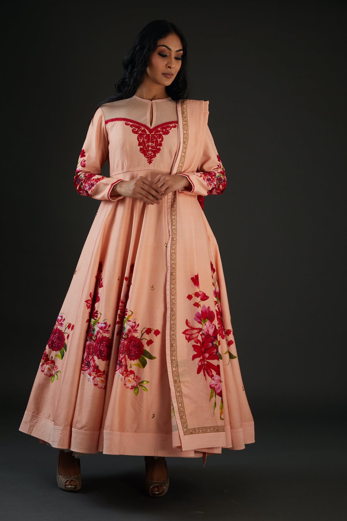 Peach Chanderi Silk Printed & Embroidered Anarkali Set