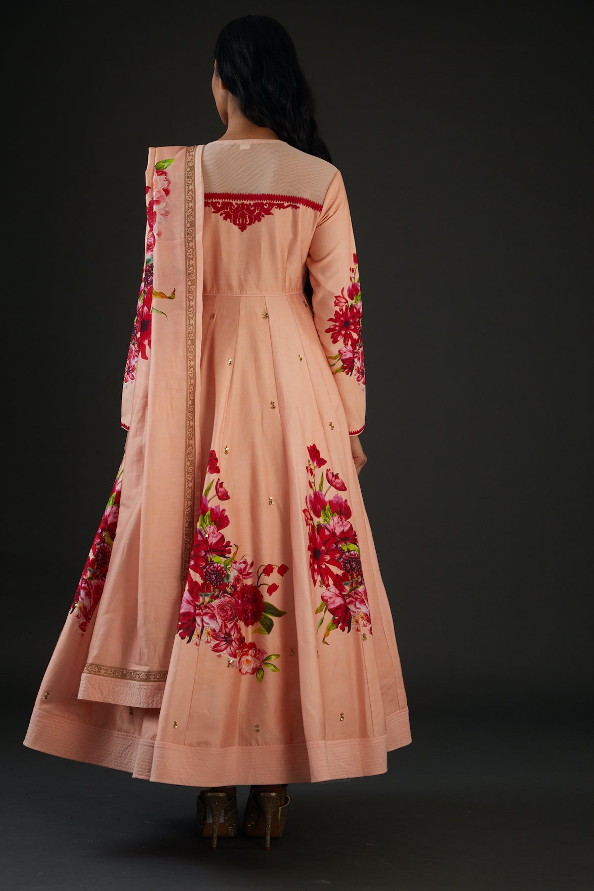 Peach Chanderi Silk Printed & Embroidered Anarkali Set