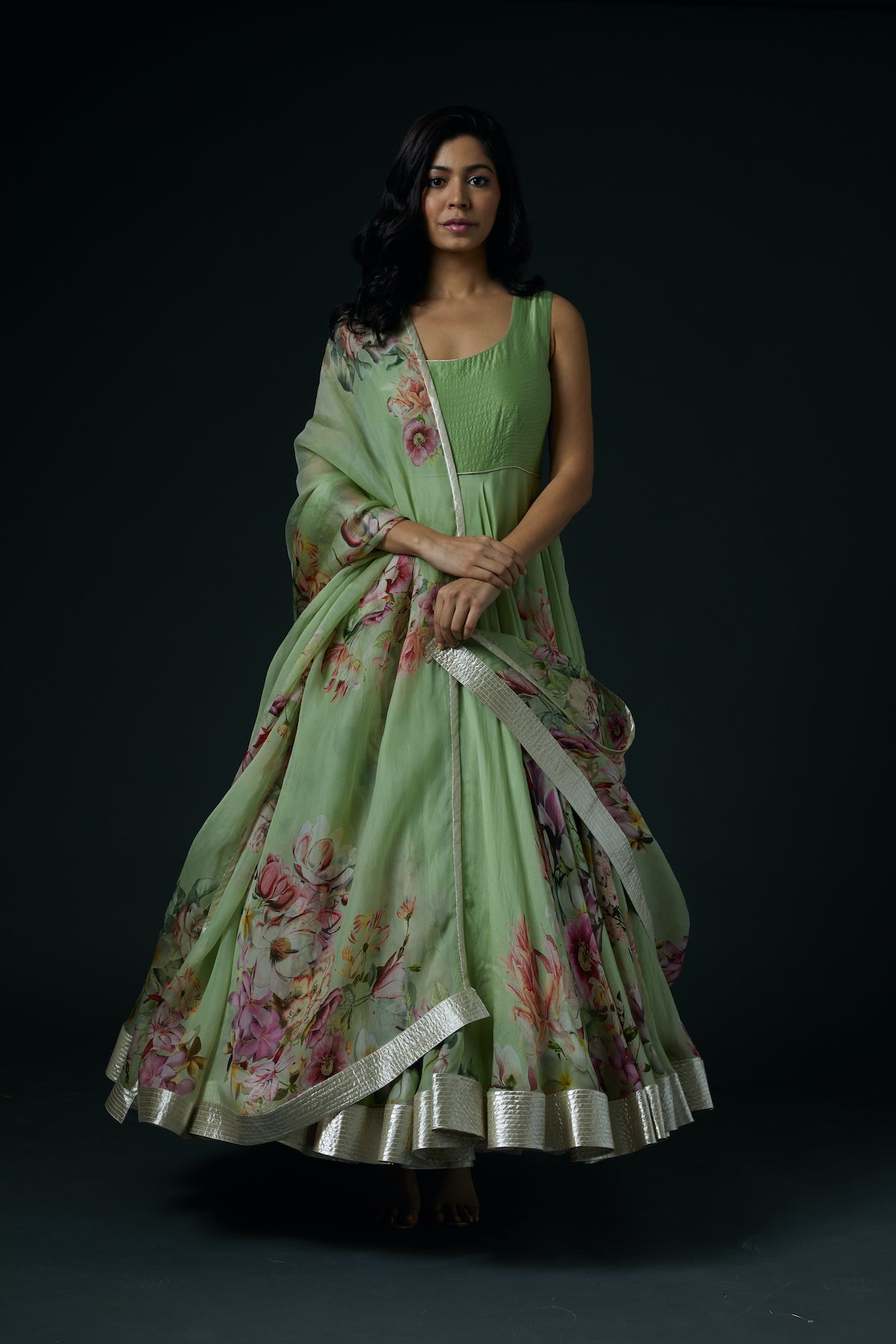 Green Printed Anarkali Set
