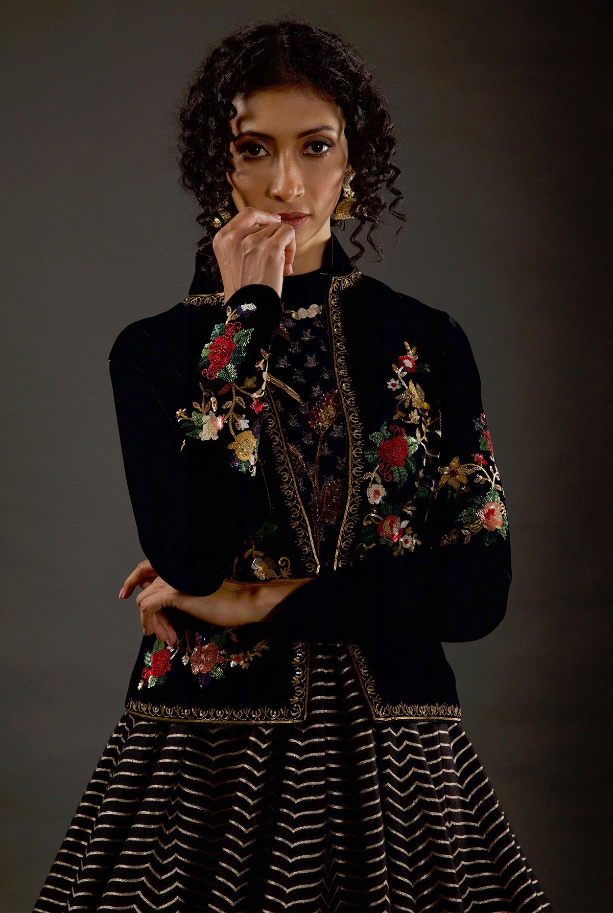 Black Velvet Short Jacket With Floral Embroidery