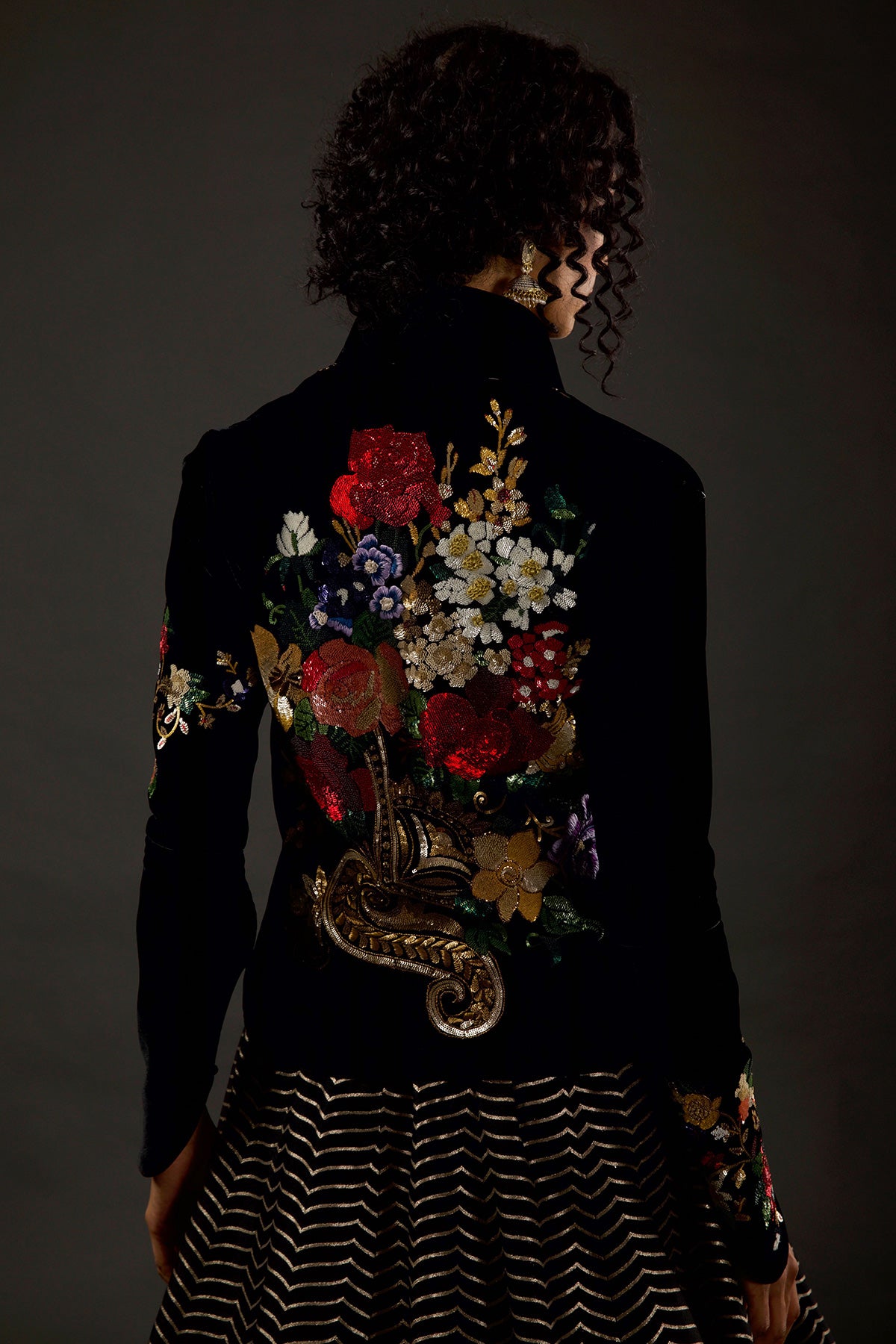 Black Velvet Short Jacket With Floral Embroidery