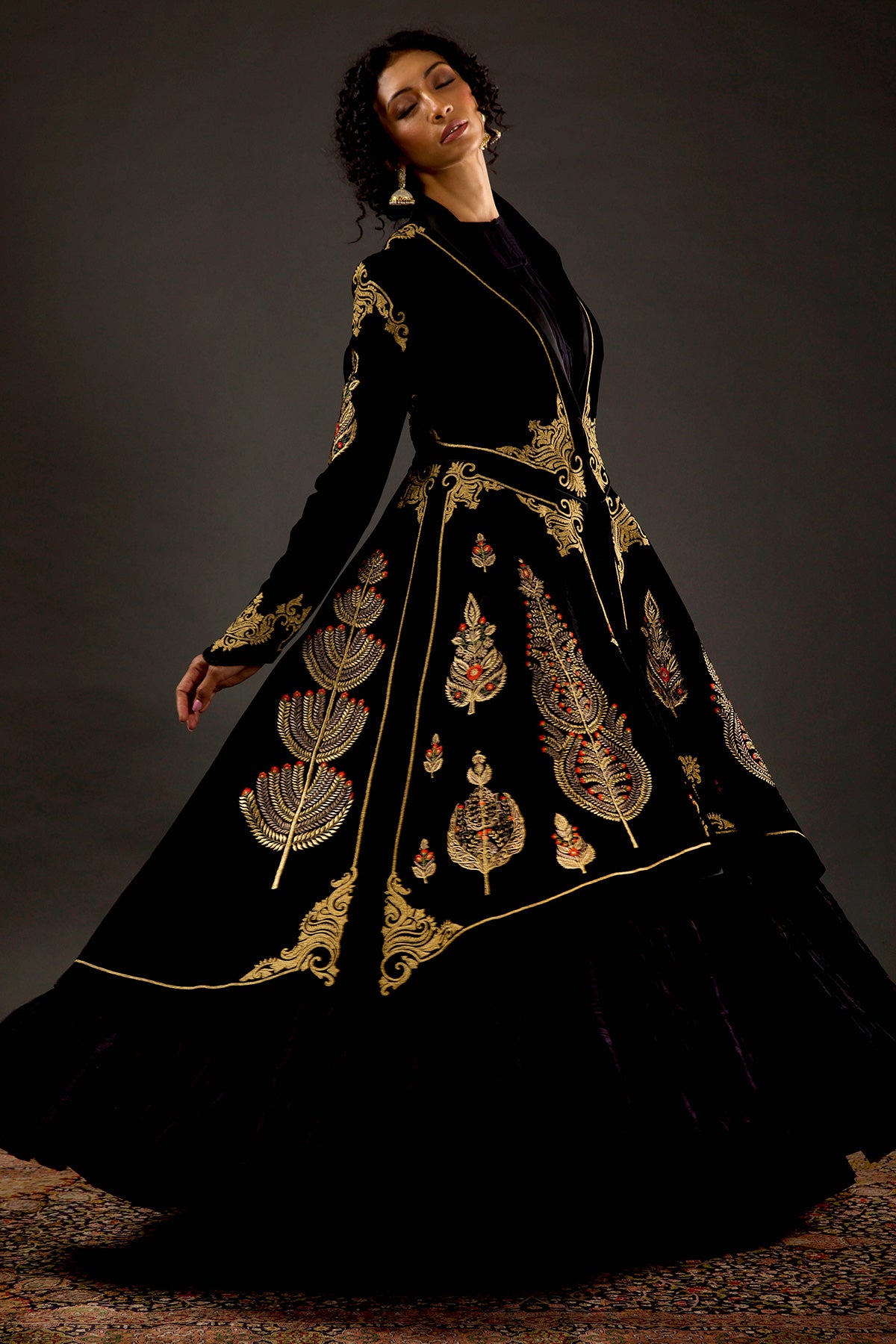 Black Velvet Silk Embroidered Long Jacket