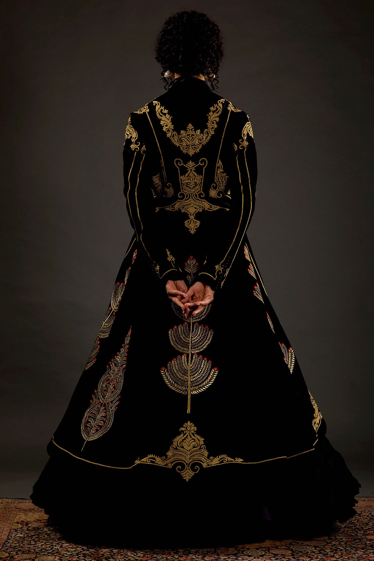 Black Velvet Silk Embroidered Long Jacket
