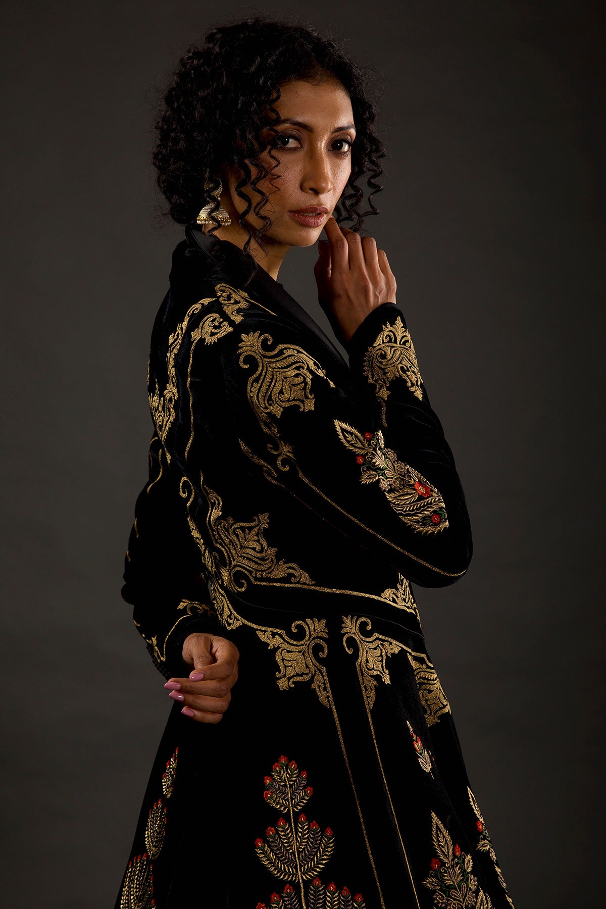 Black Velvet Silk Embroidered Long Jacket