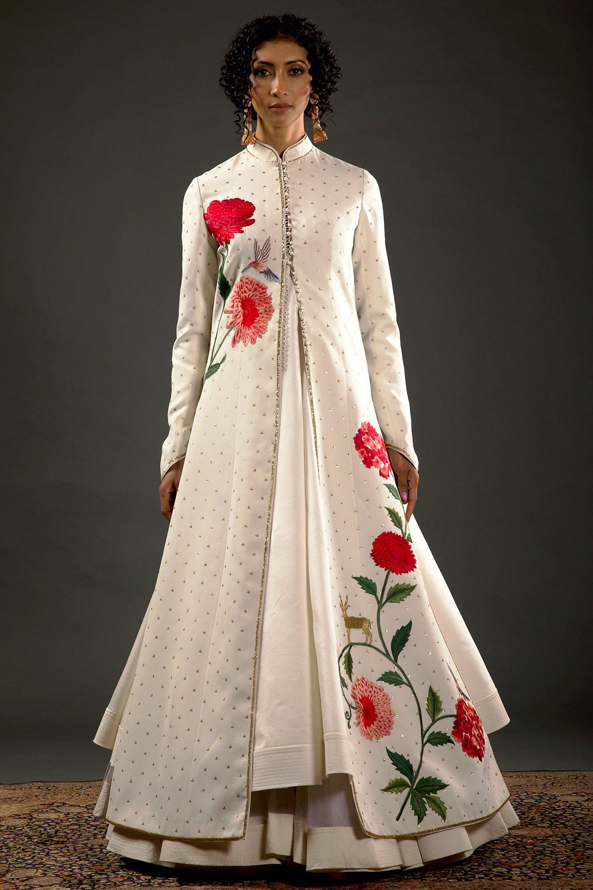Ivory Chanderi Silk Long Jacket With Embroidery