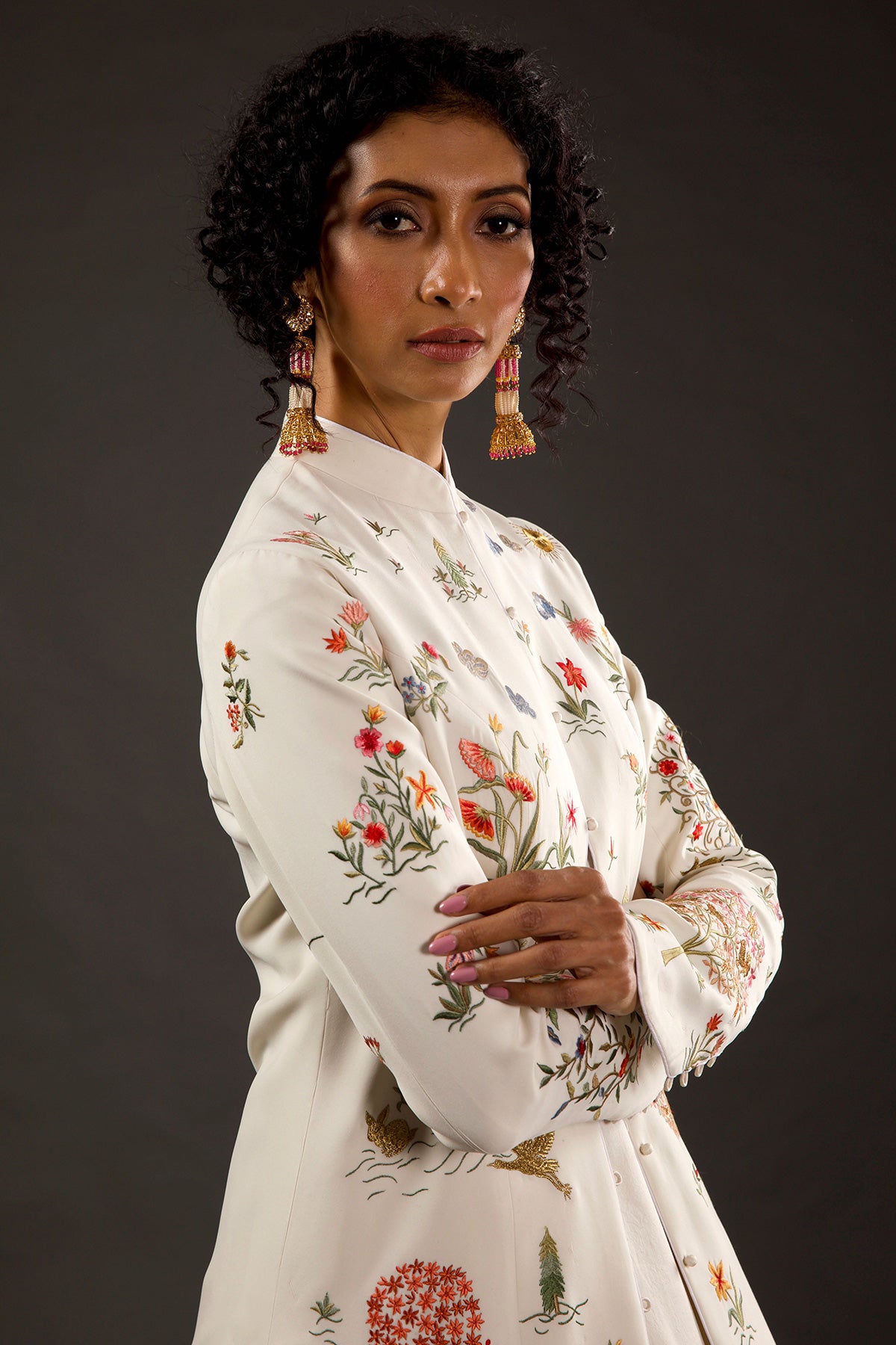 Ivory Chanderi Embroidered Long Jacket
