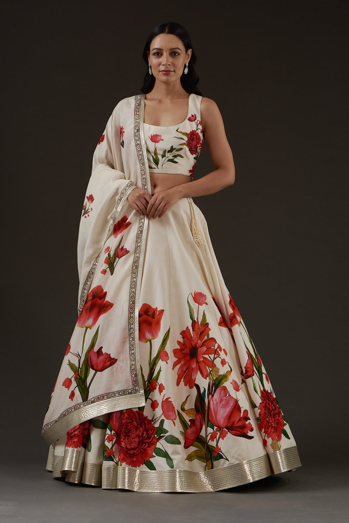 Ivory Chanderi Lehenga Set With Floral Digital Print