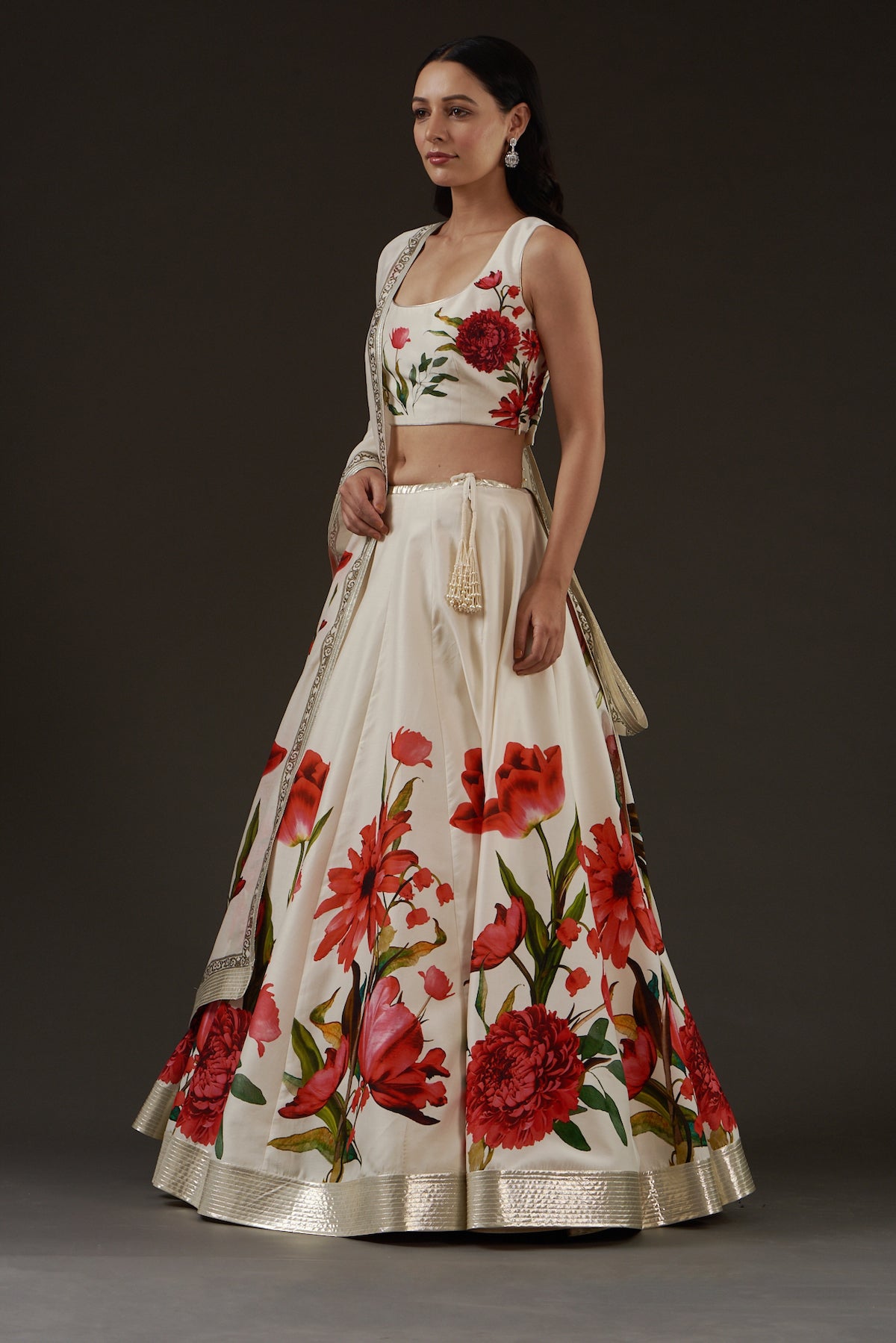 Ivory Chanderi Lehenga Set With Floral Digital Print