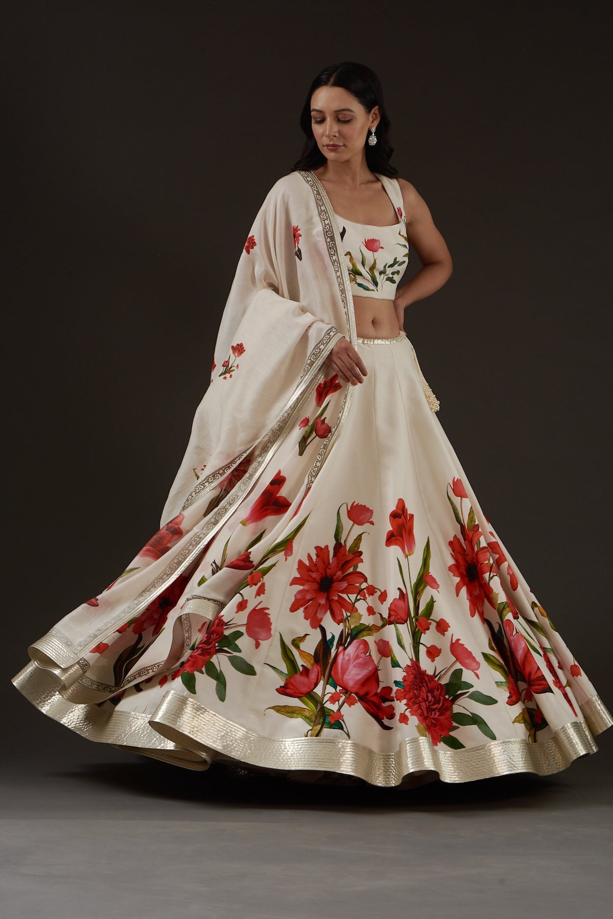 Ivory Chanderi Lehenga Set With Floral Digital Print