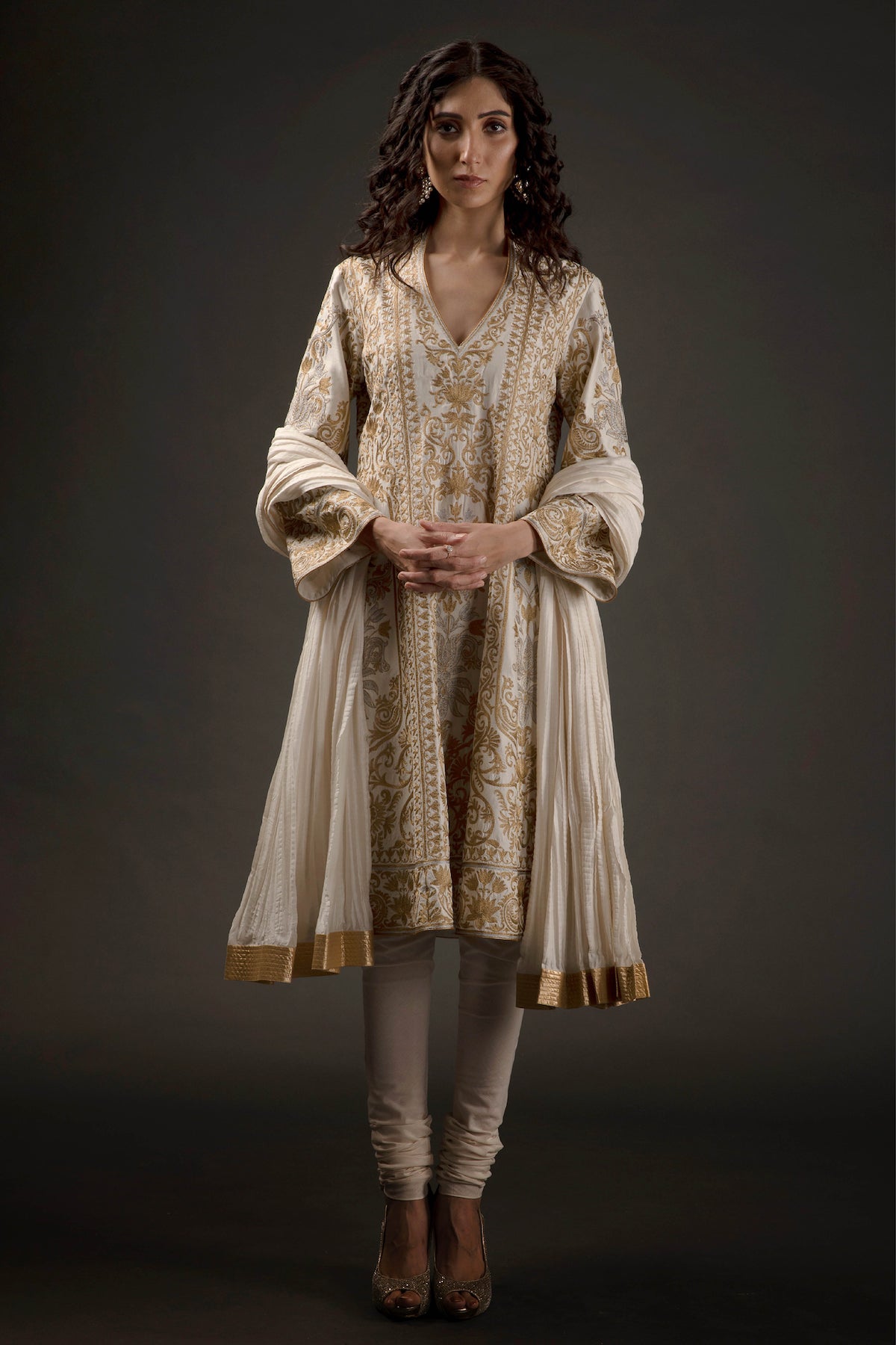 Ivory Chanderi Embroidered A-Line Kurta Set