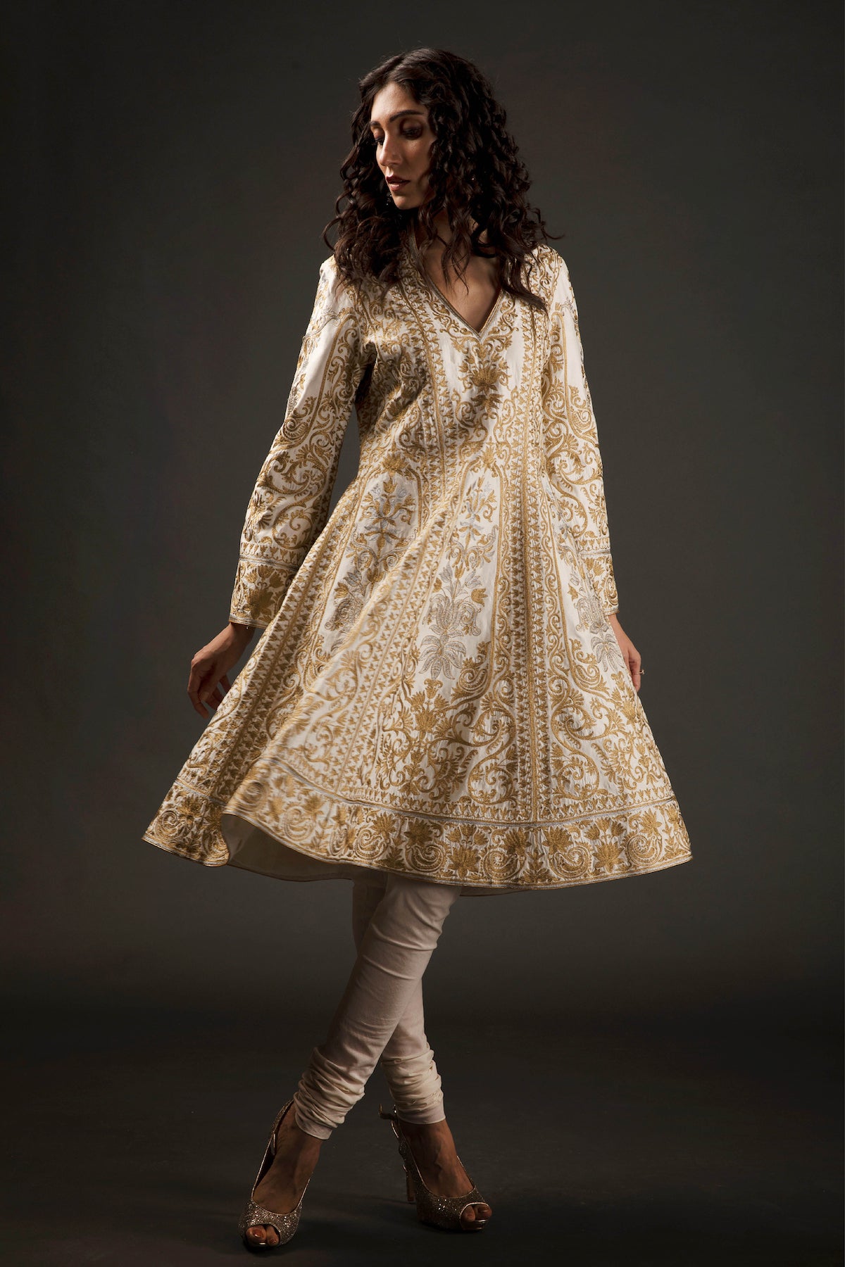 Ivory Chanderi Embroidered A-Line Kurta Set