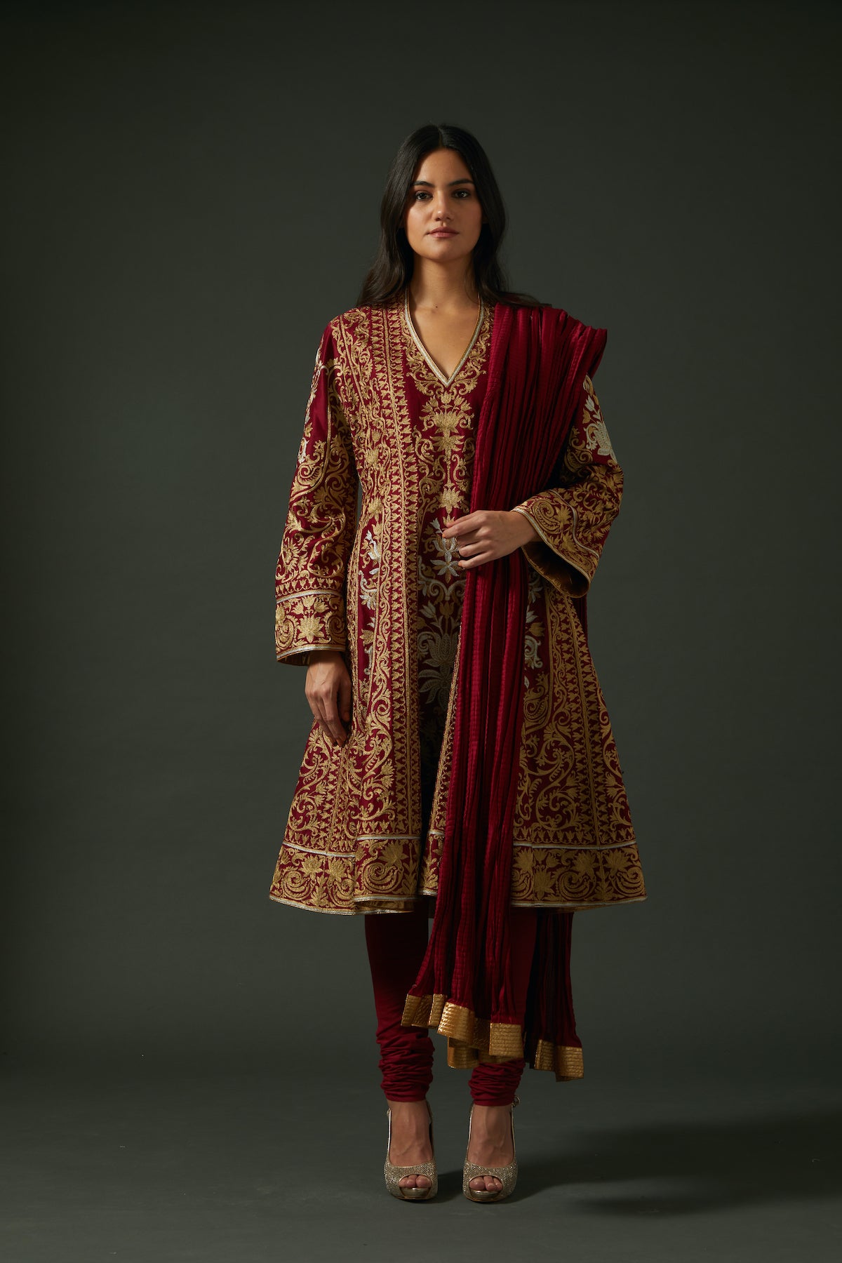 Wine Chanderi Embroidered A-Line Kurta Set
