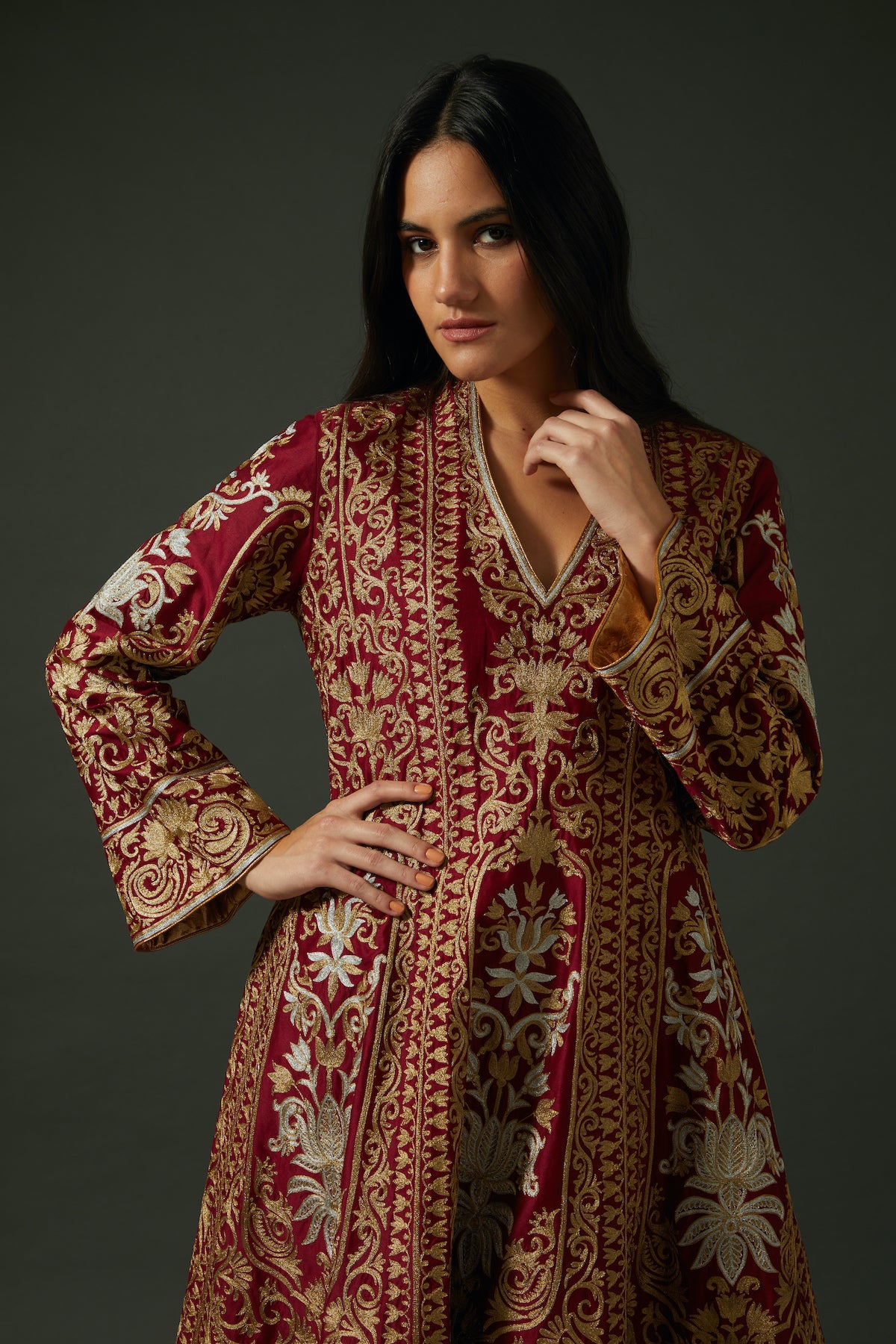 Wine Chanderi Embroidered A-Line Kurta Set