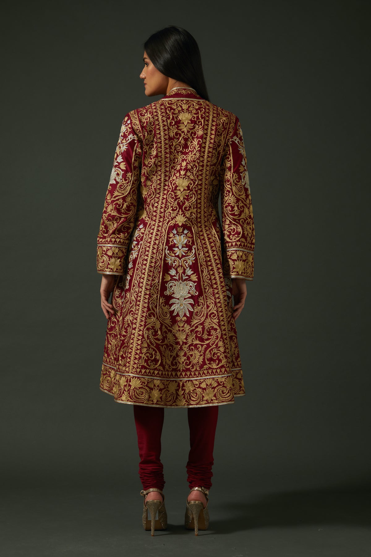 Wine Chanderi Embroidered A-Line Kurta Set