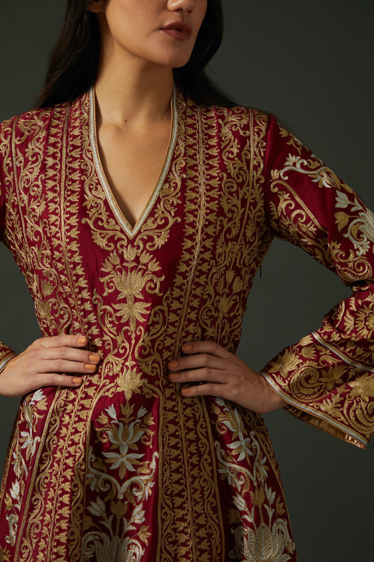 Wine Chanderi Embroidered A-Line Kurta Set