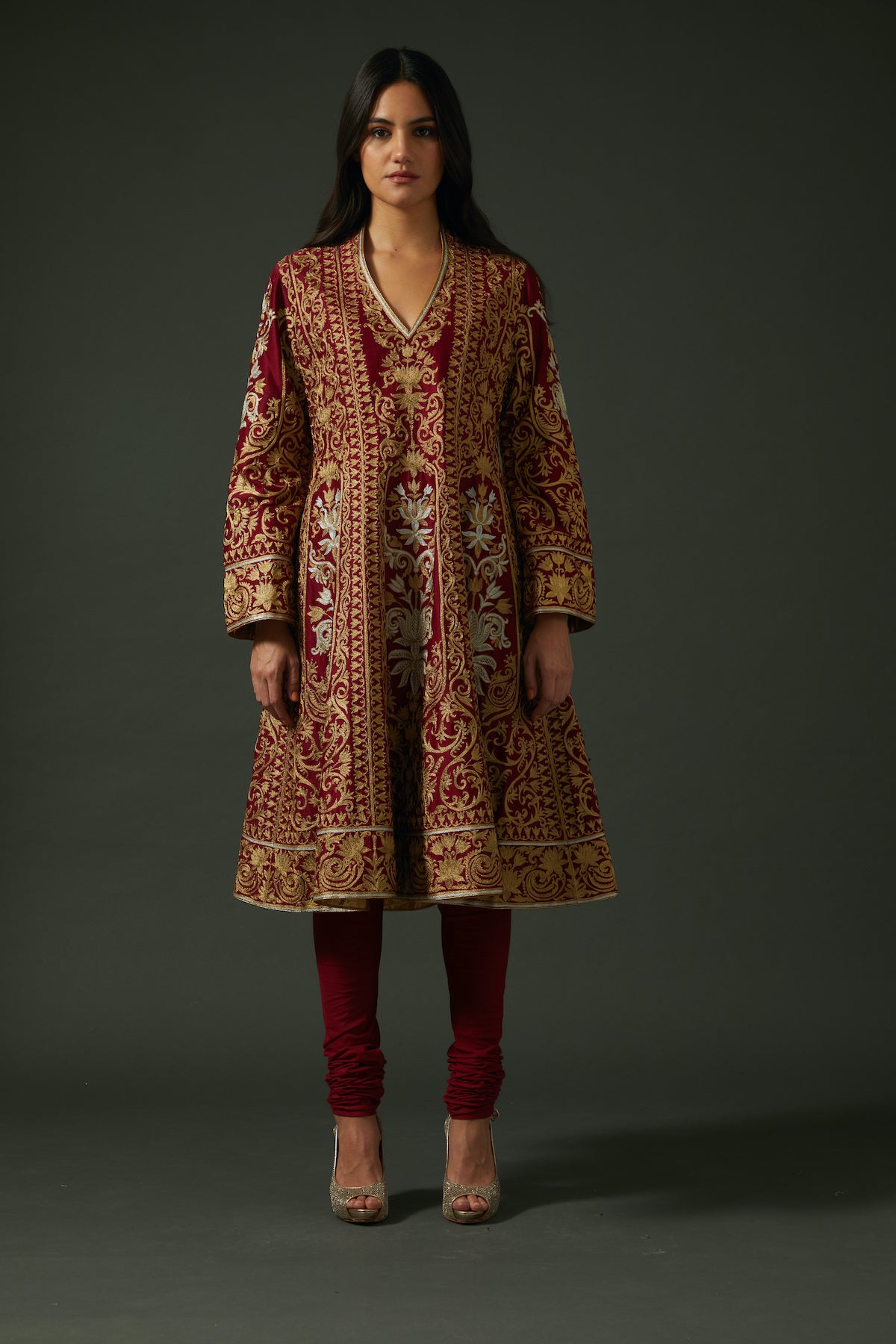 Wine Chanderi Embroidered A-Line Kurta Set
