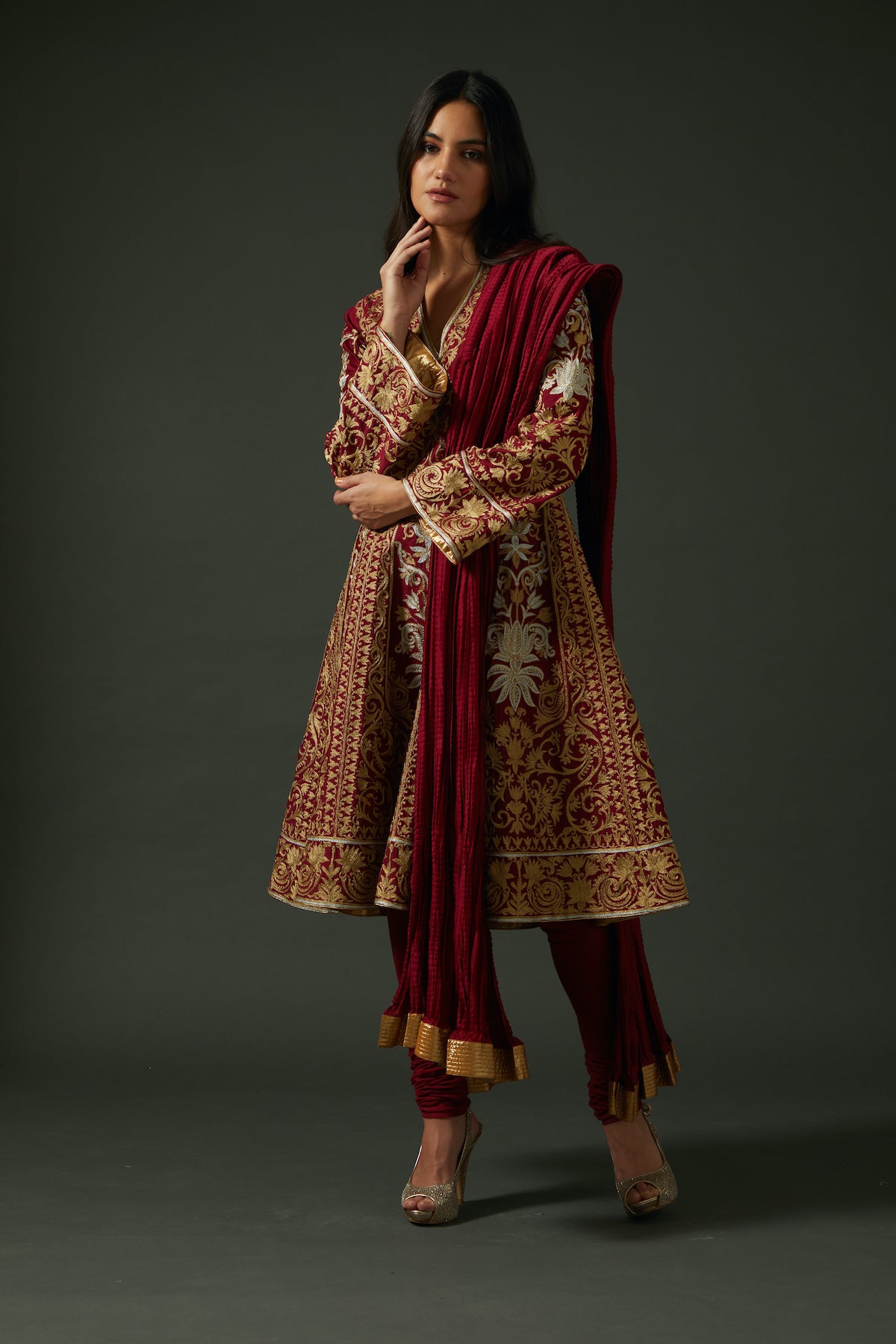 Wine Chanderi Embroidered A-Line Kurta Set