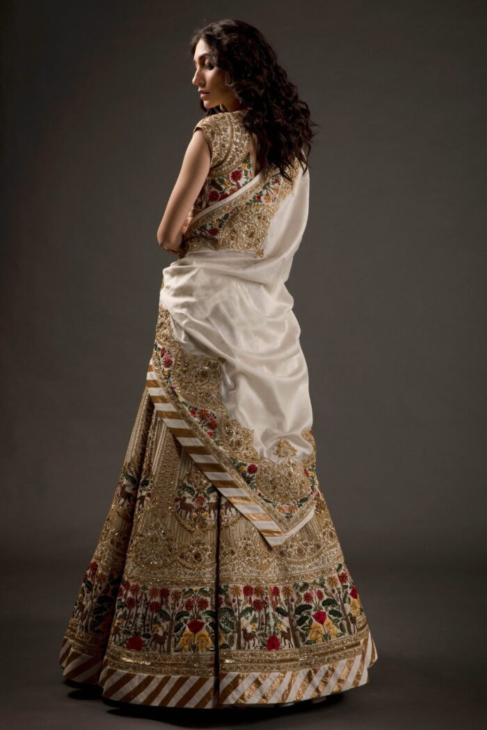 Ivory Chanderi Lehenga Set With Floral Embroidery