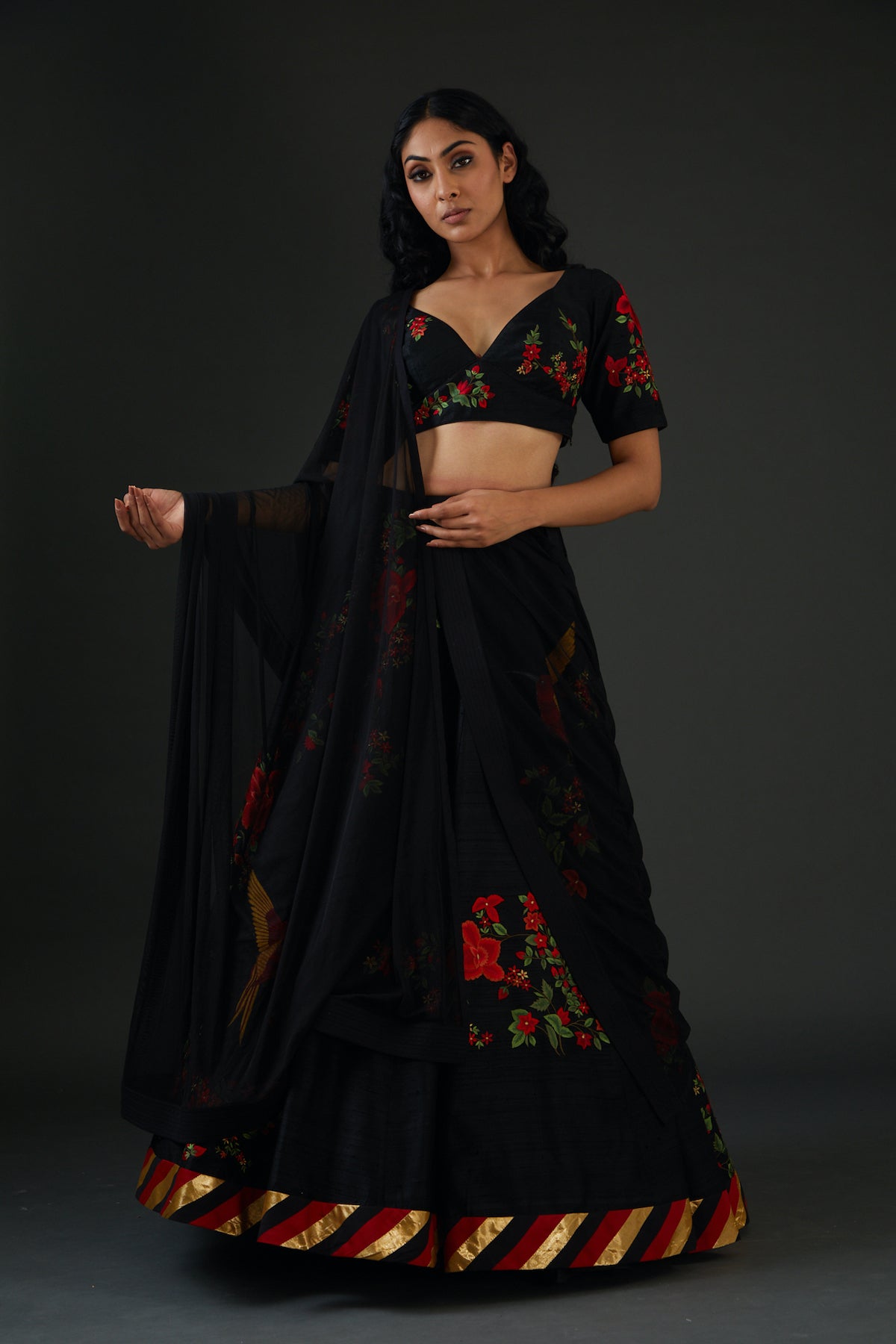 Black Chanderi Lehenga Set With Floral Digital Print