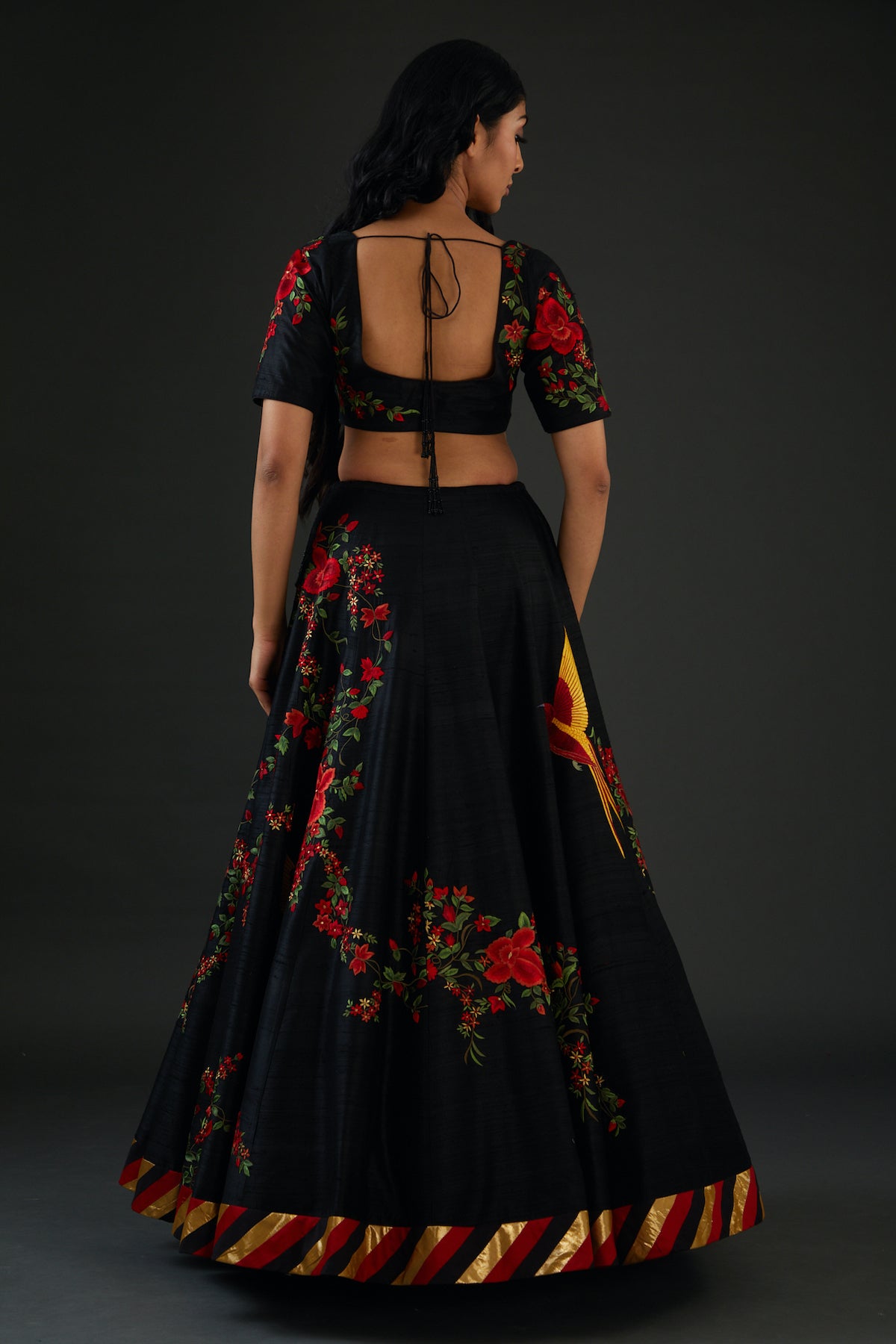 Black Chanderi Lehenga Set With Floral Digital Print