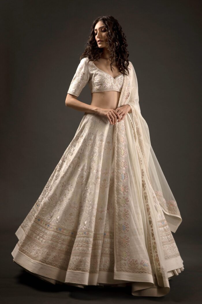 Ivory Chanderi Lehenga Set With Floral Embroidery