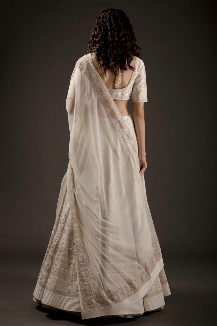 Ivory Chanderi Lehenga Set With Floral Embroidery
