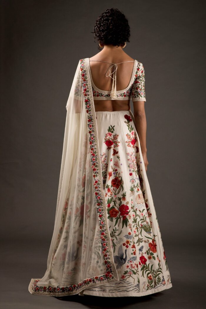 Ivory Chanderi Lehenga Set With Floral Embroidery