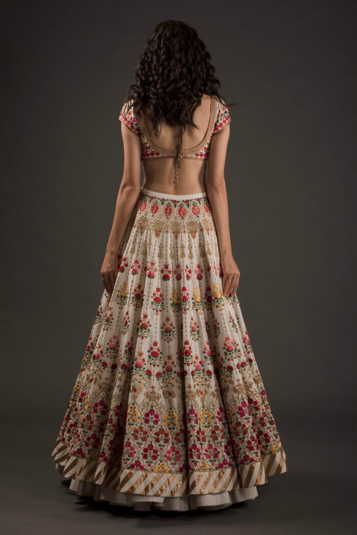 Ivory Chanderi Lehenga Set With Floral Embroidery