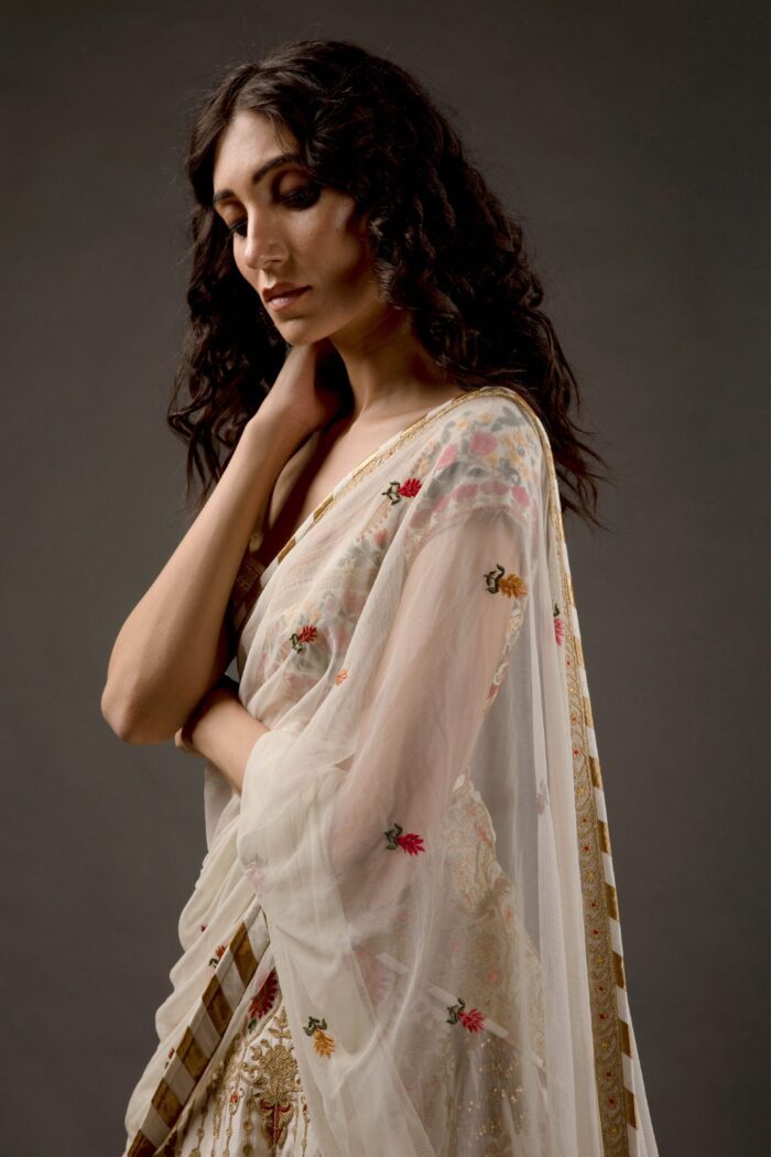Ivory Chanderi Lehenga Set With Floral Embroidery