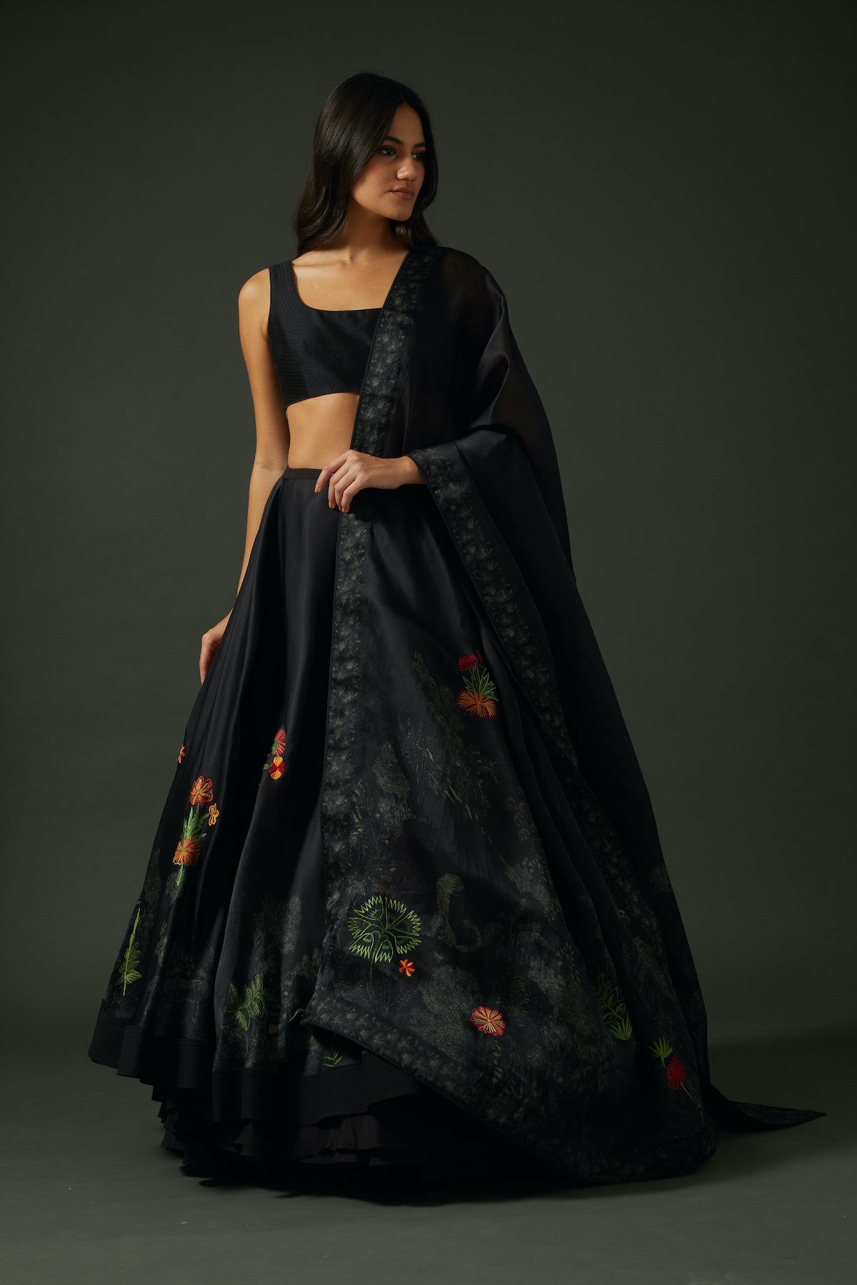 Black Chanderi Lehenga Set With Floral Digital Print