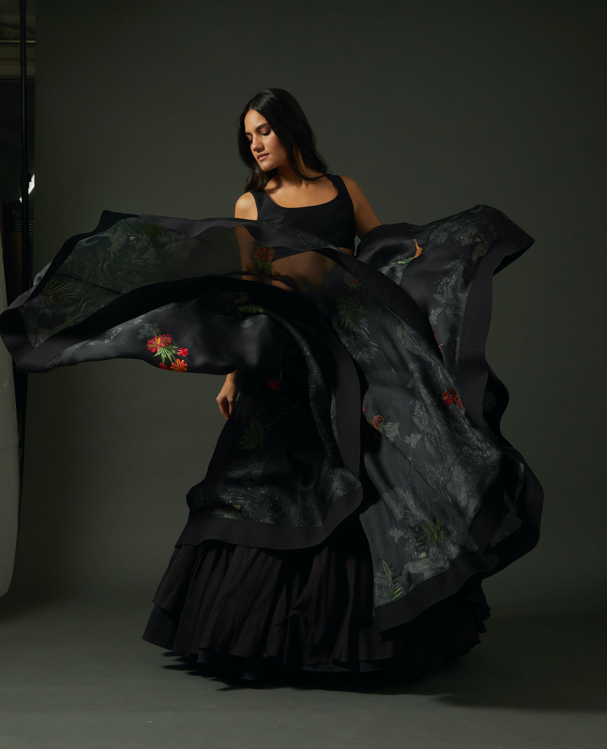 Black Chanderi Lehenga Set With Floral Digital Print