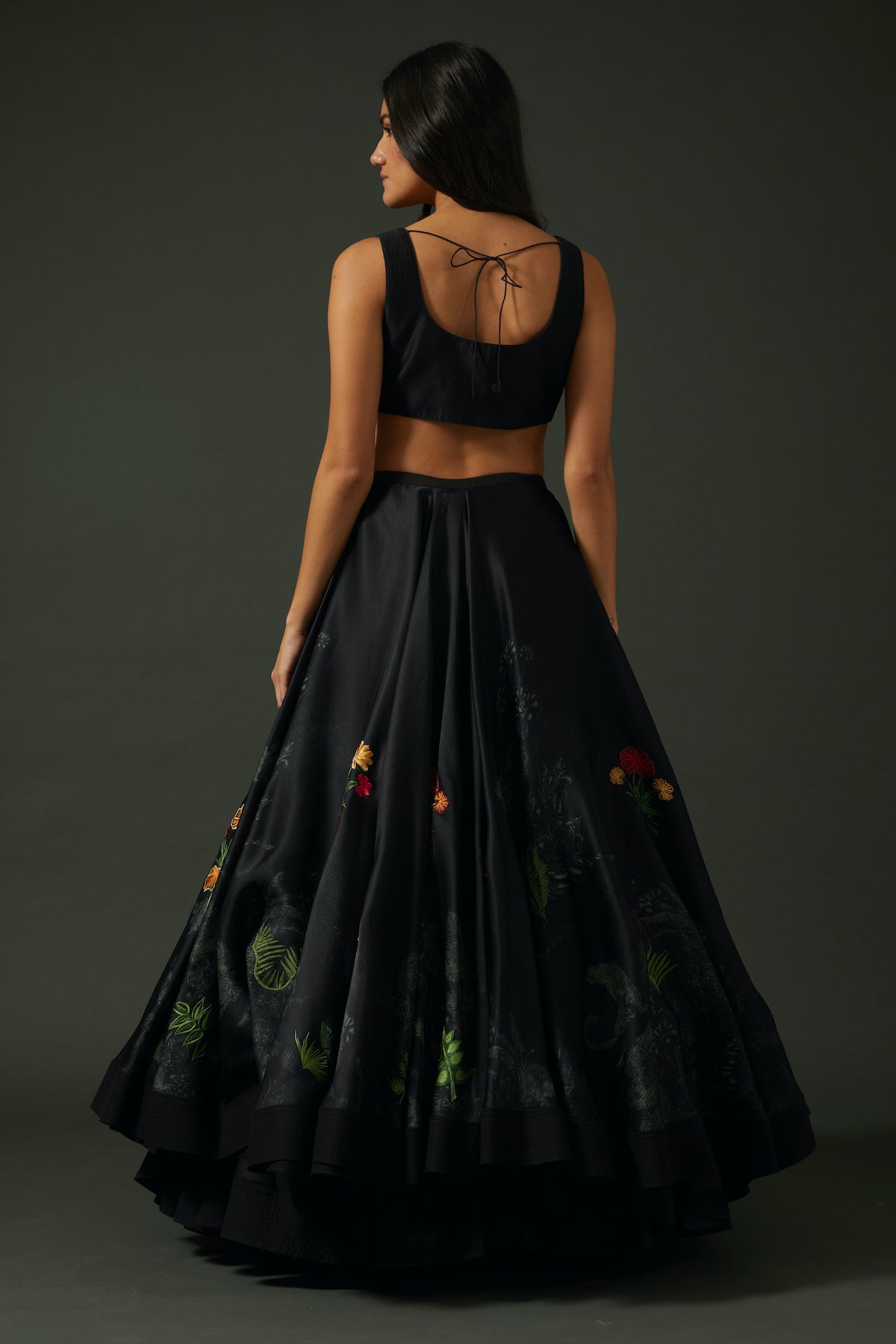 Black Chanderi Lehenga Set With Floral Digital Print
