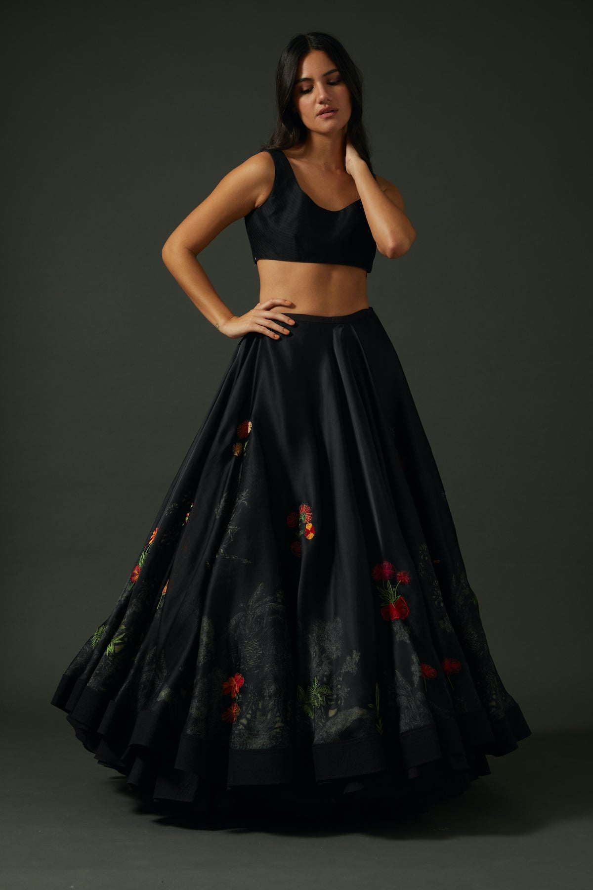 Black Chanderi Lehenga Set With Floral Digital Print