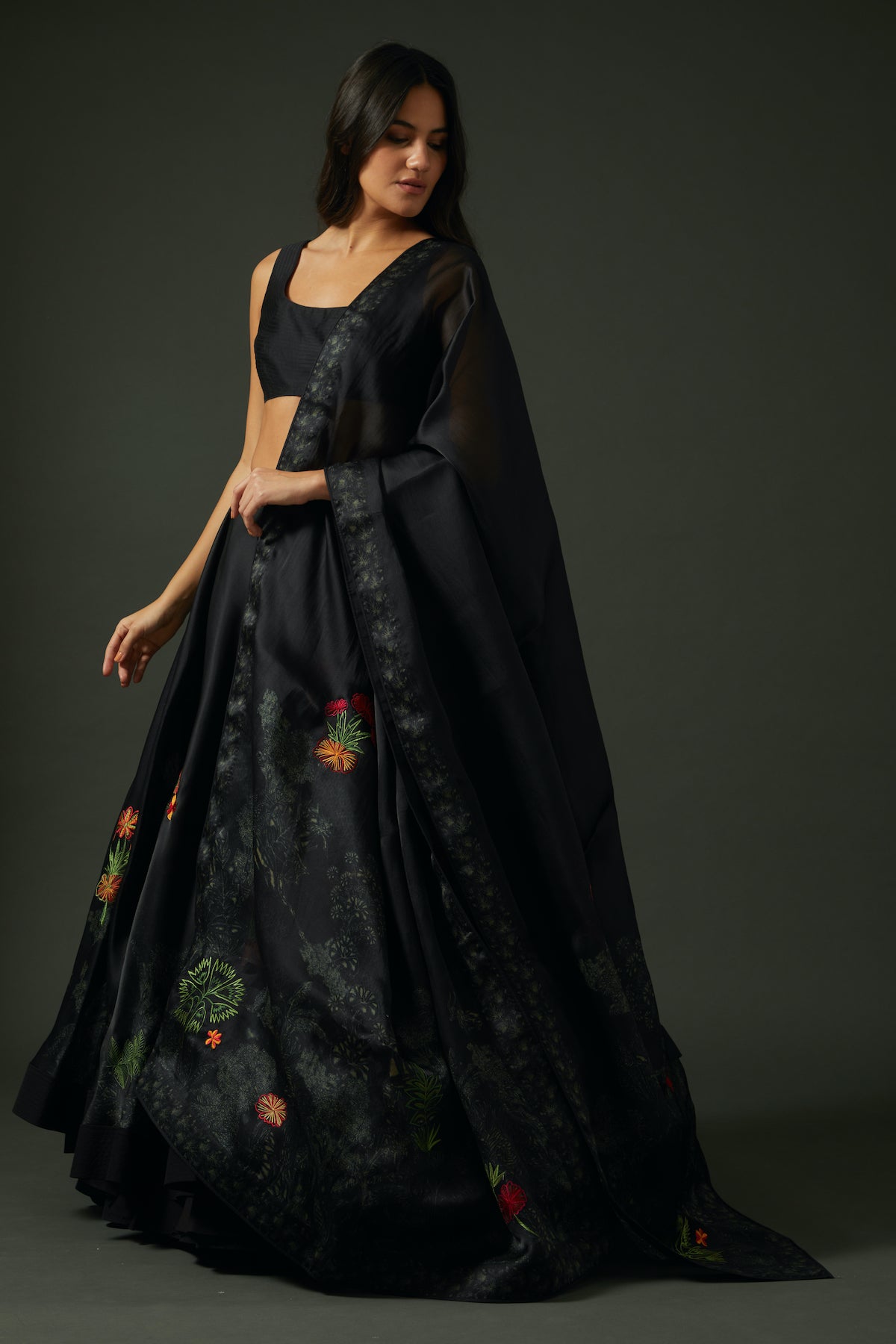Black Chanderi Lehenga Set With Floral Digital Print