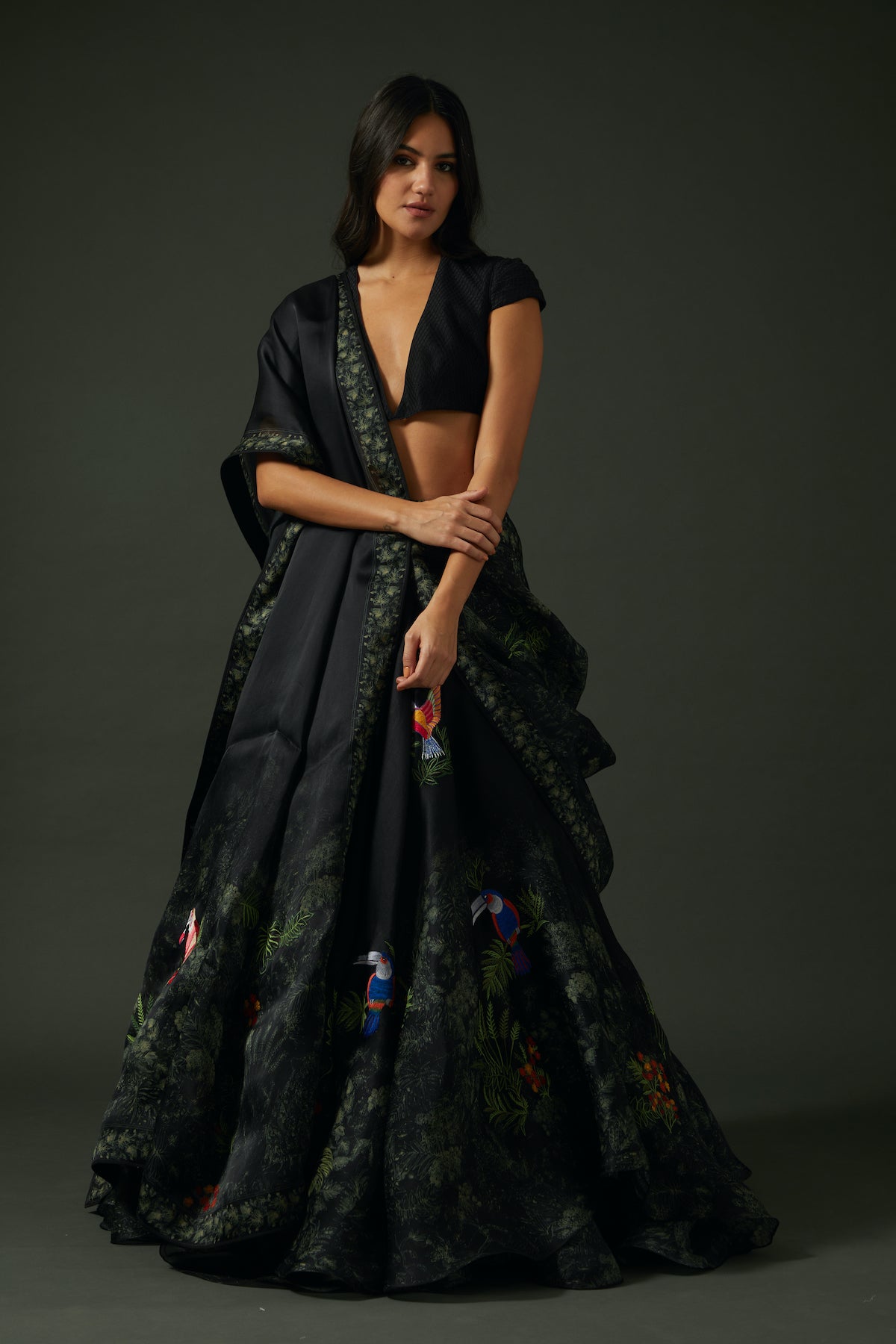 Black Chanderi Lehenga Set With Floral Digital Print