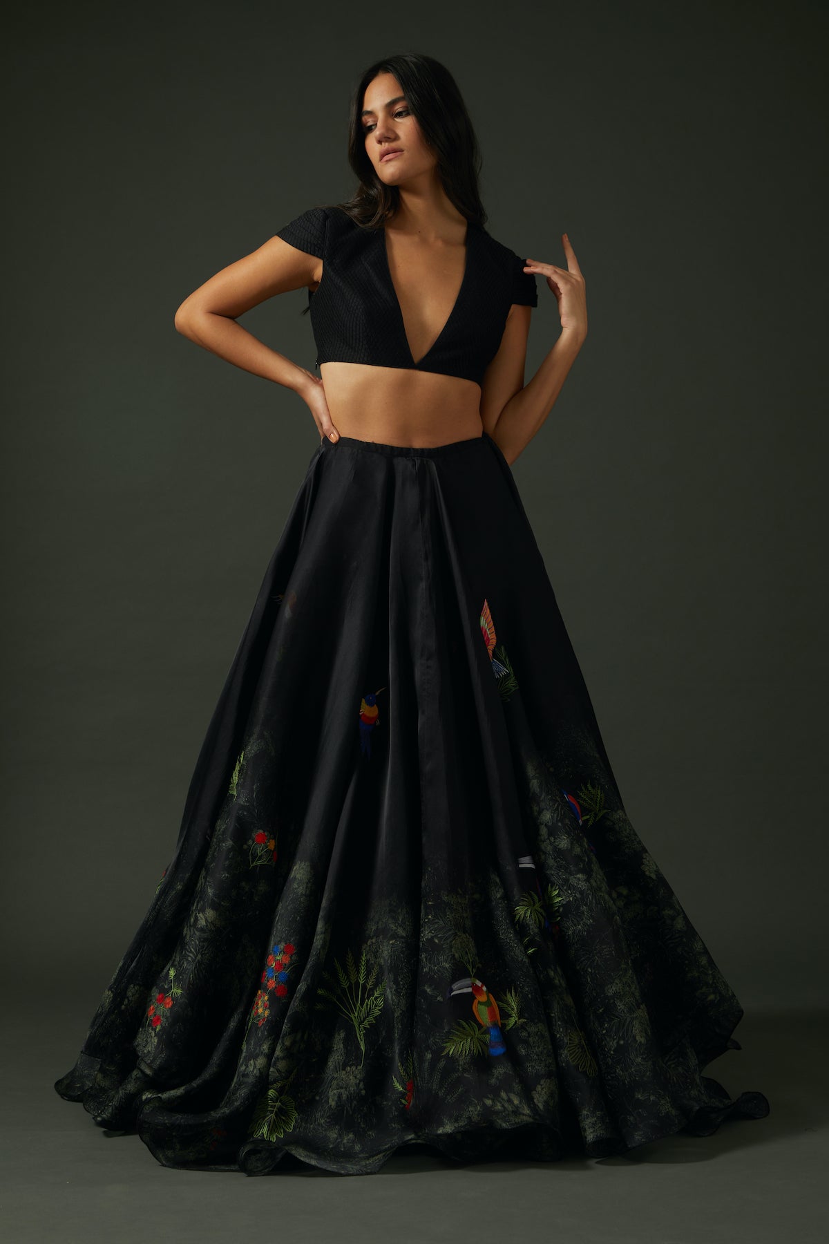 Black Chanderi Lehenga Set With Floral Digital Print