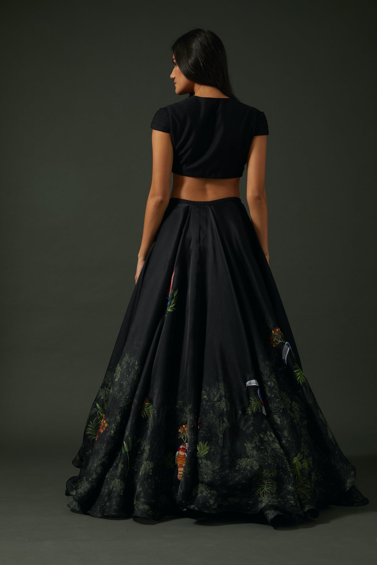 Black Chanderi Lehenga Set With Floral Digital Print