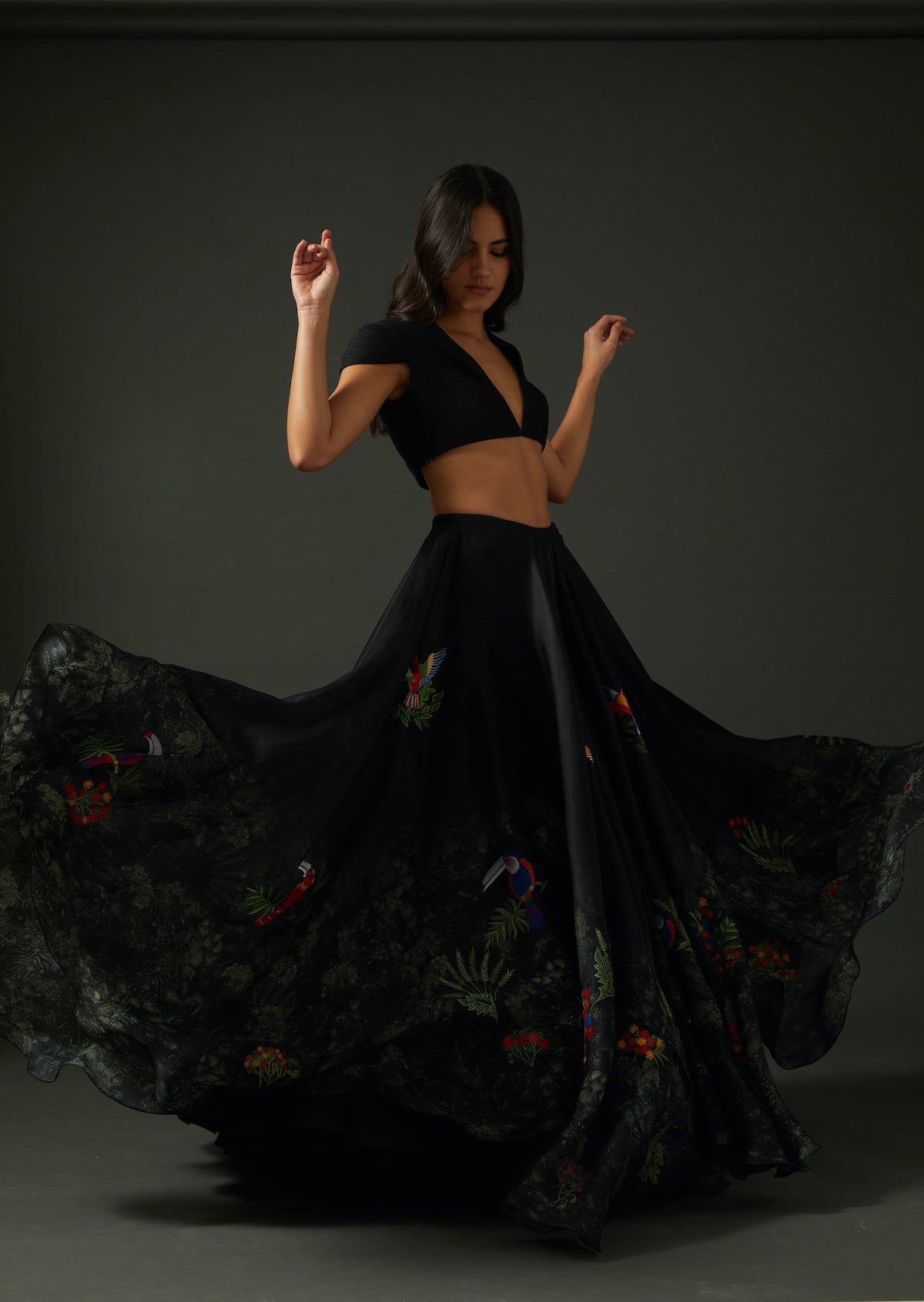 Black Chanderi Lehenga Set With Floral Digital Print