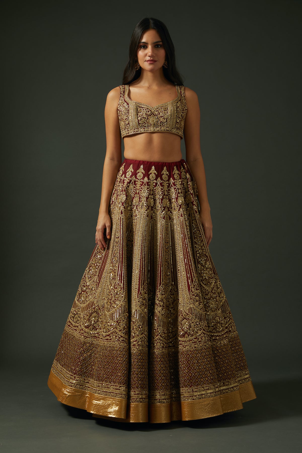 Embroidered Wine Chanderi Lehenga Set